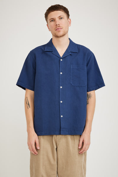 Universal Works | Camp Shirt Hemp Cotton Shirting Washed Navy | Maplestore