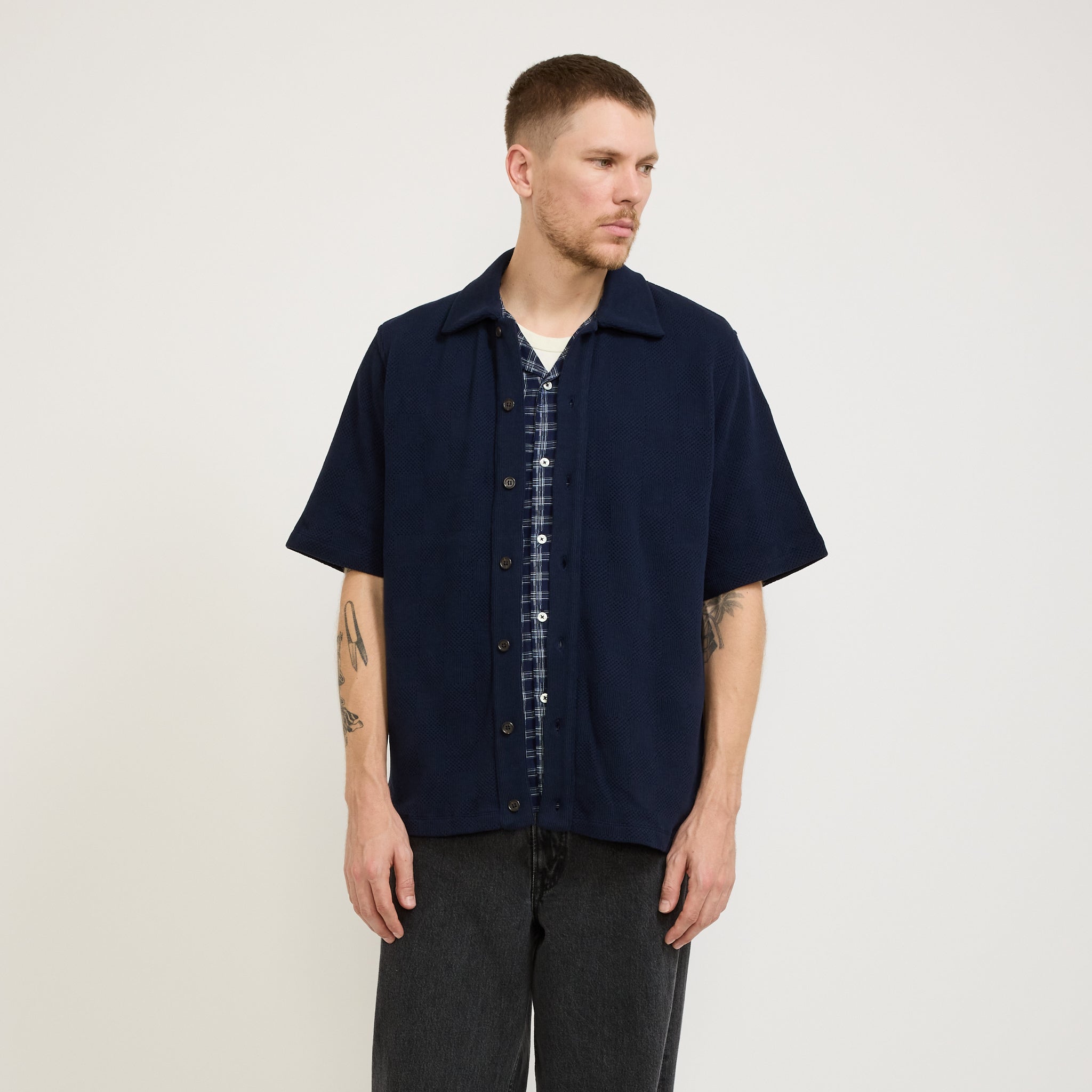 Universal Works | Button Through Polo Fantasy Checkerboard Bright Navy | Maplestore