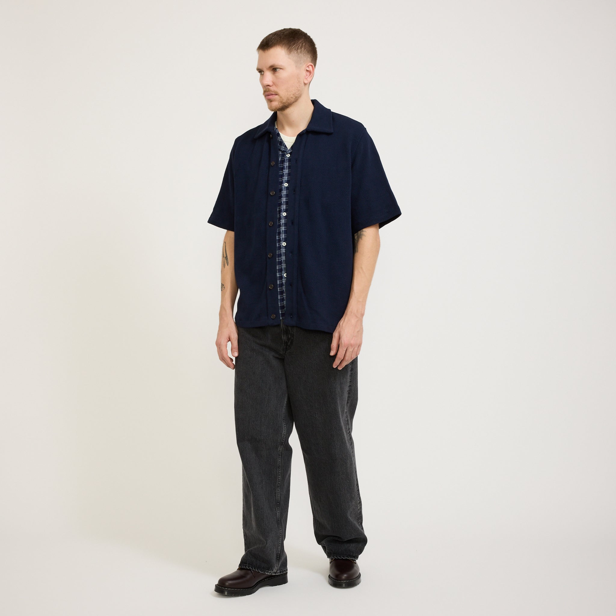 Universal Works | Button Through Polo Fantasy Checkerboard Bright Navy | Maplestore