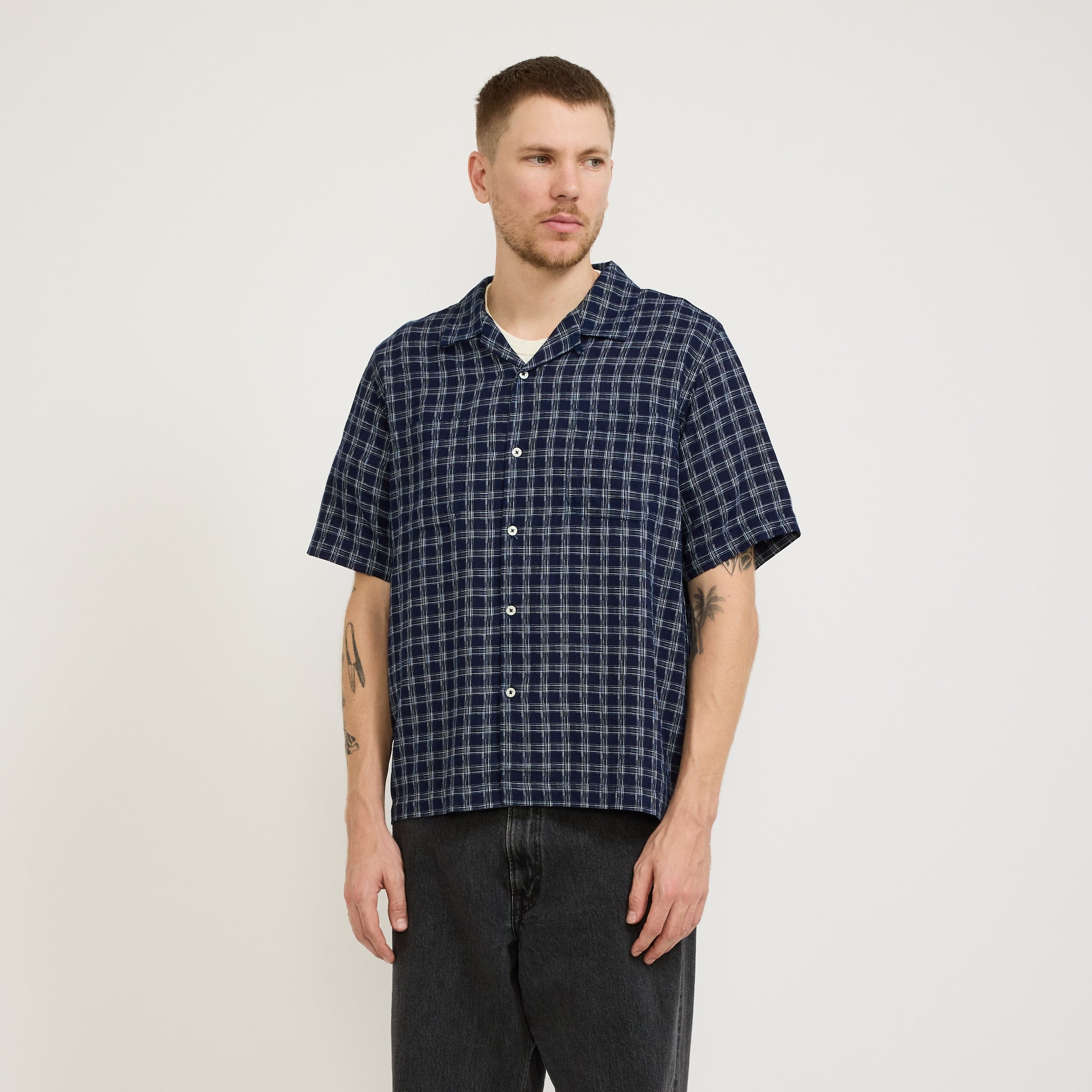 Sal Road Shirt Indigo Cotton Check Indigo