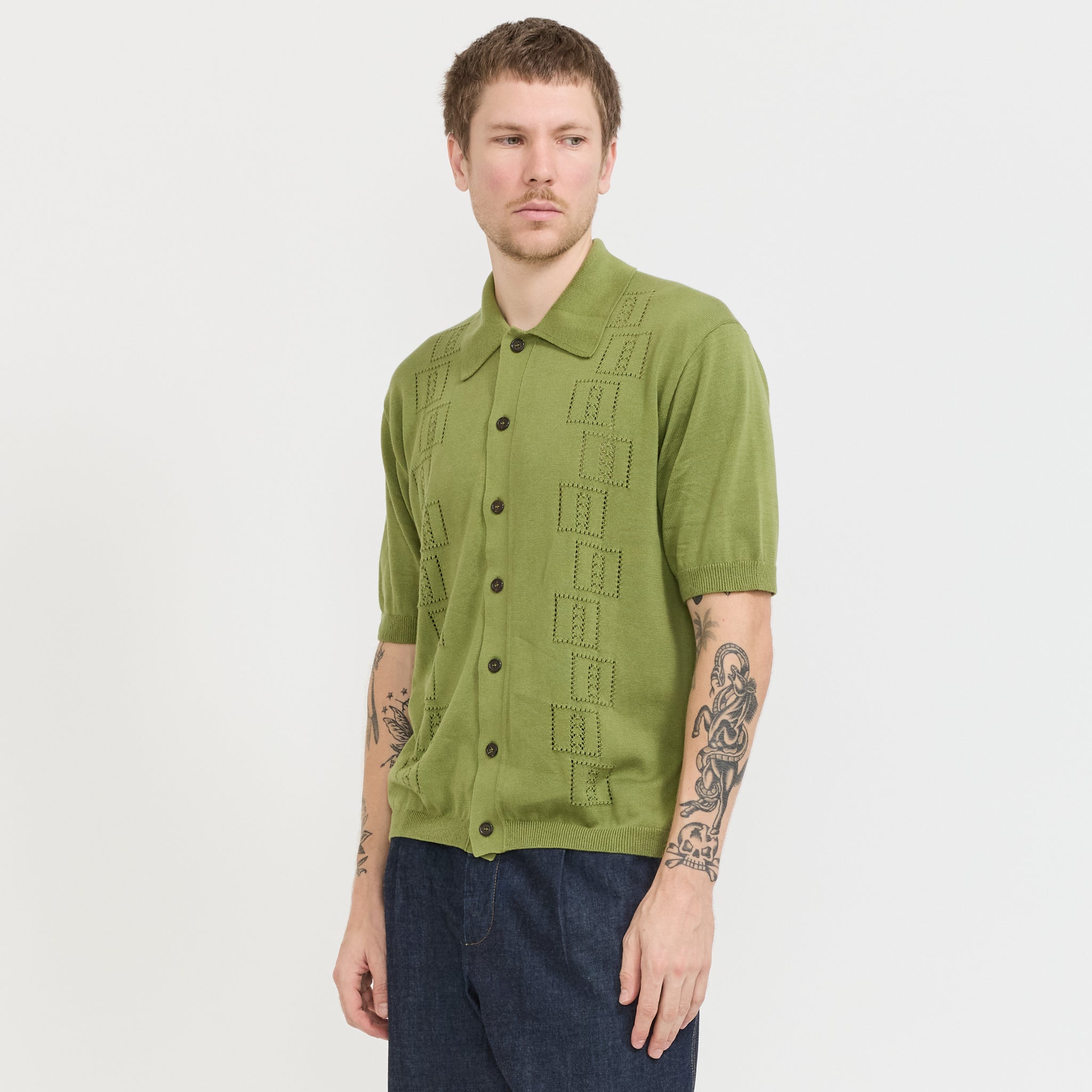 Universal Works | Johnny Knit Shirt Olive | Maplestore