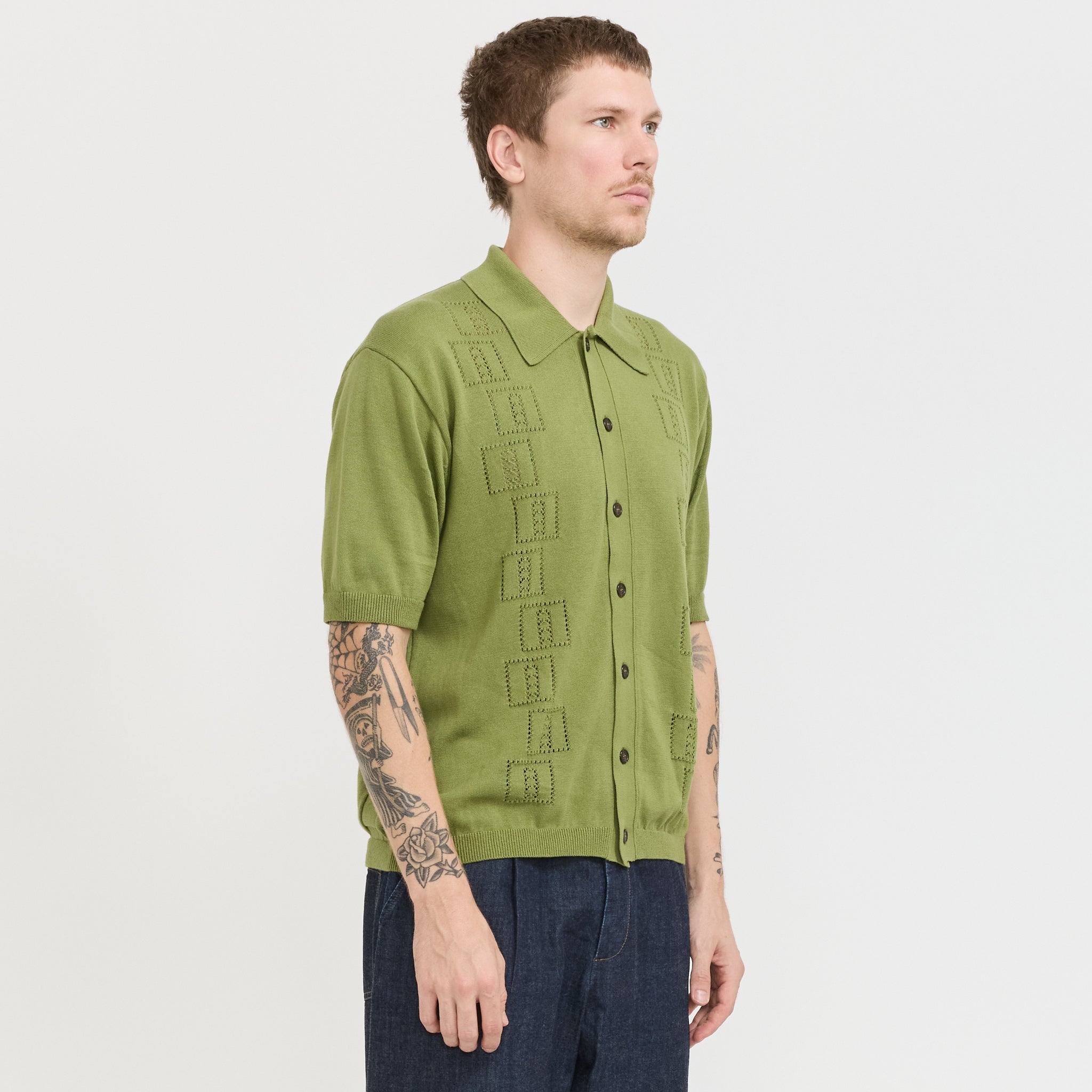 Universal Works | Johnny Knit Shirt Olive | Maplestore