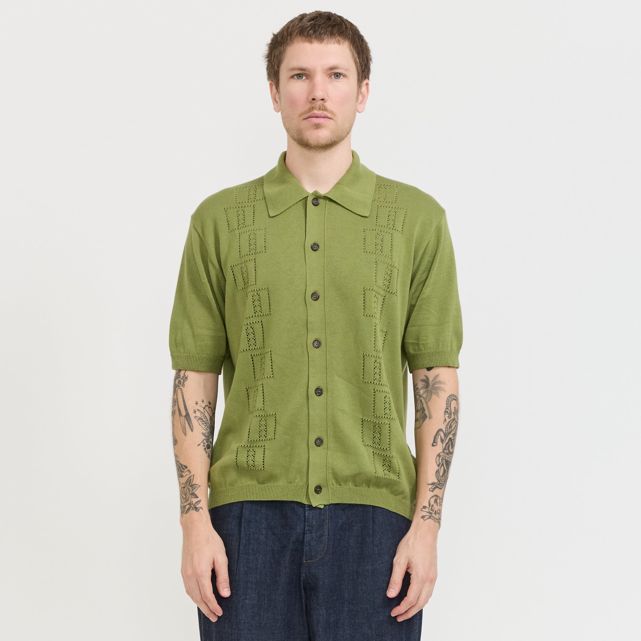 Universal Works | Johnny Knit Shirt Olive | Maplestore