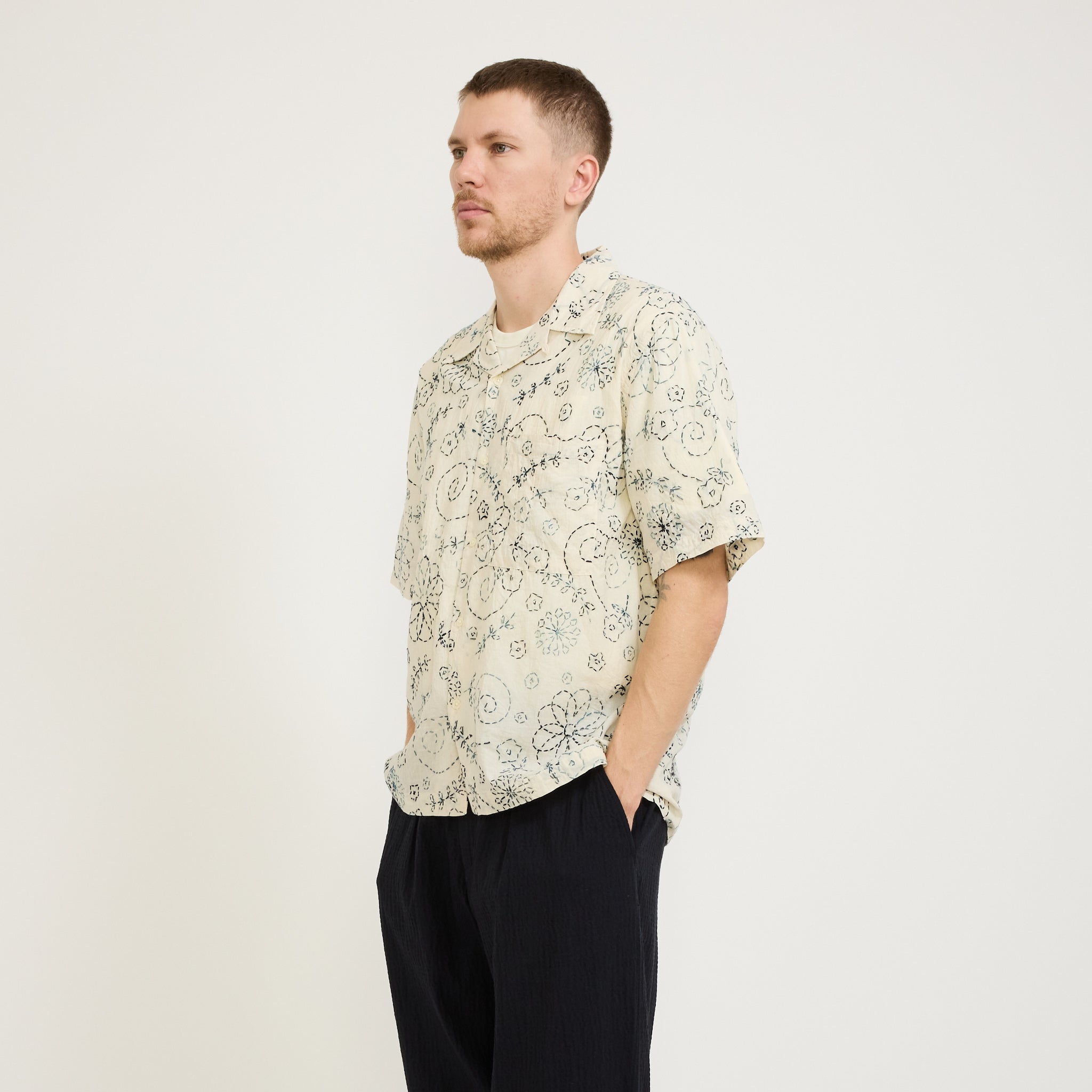 Camp Shirt Kantha Cotton Ecru/Charcoal