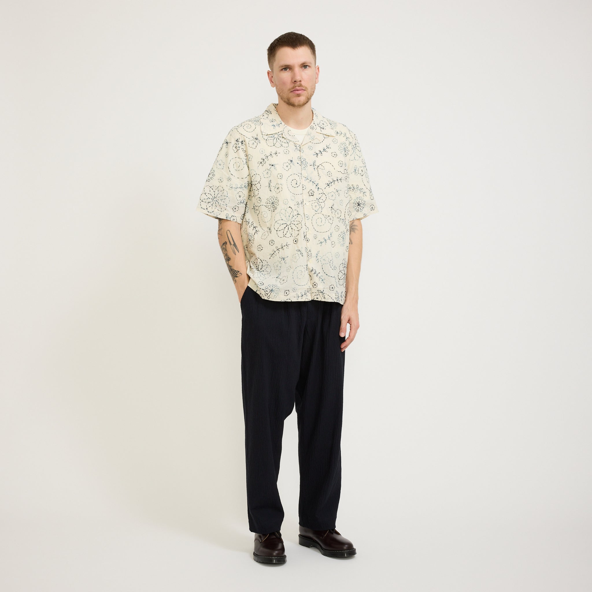 Camp Shirt Kantha Cotton Ecru/Charcoal