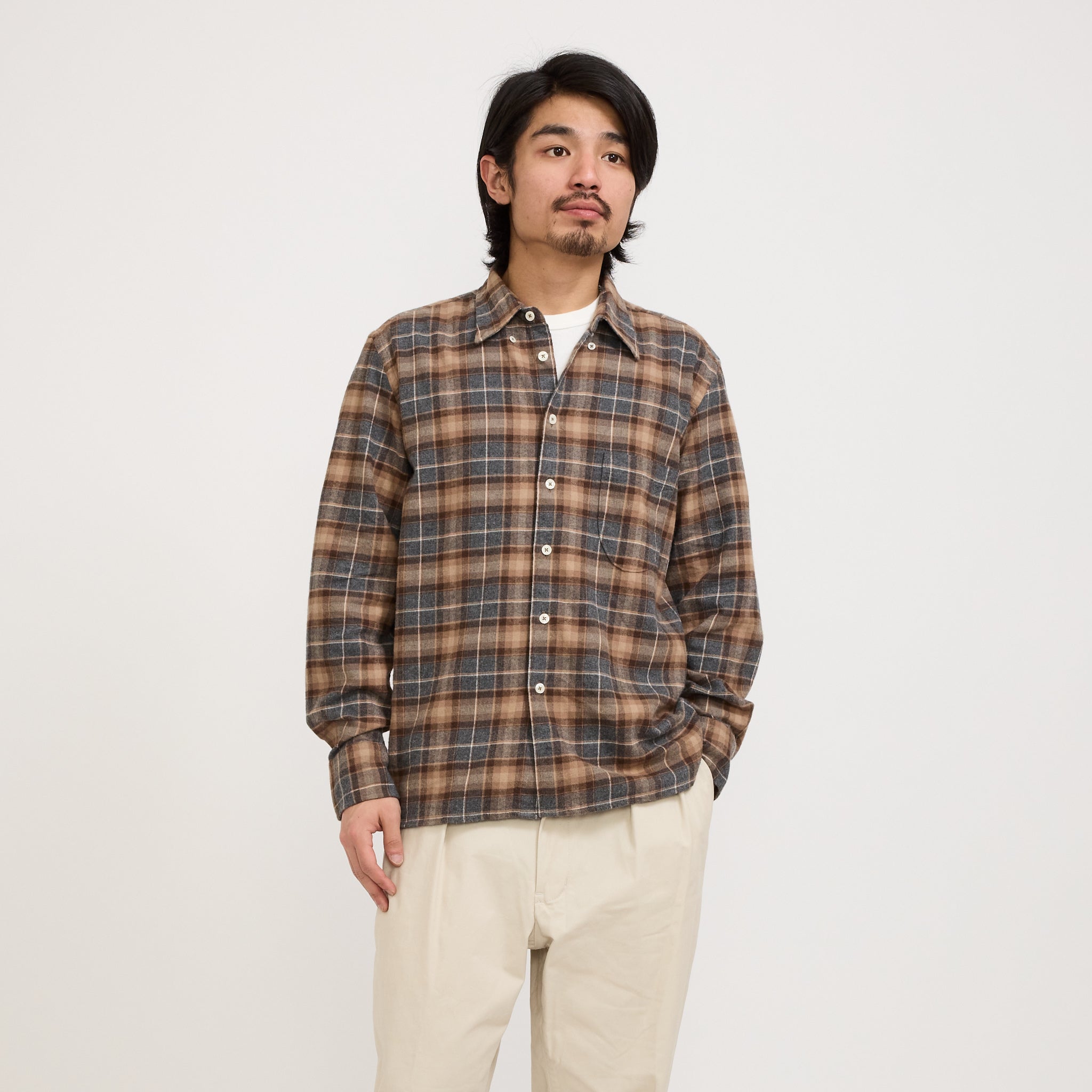 Universal Works | Lazy Day Shirt Brushed Twill Check Brown/Grey | Maplestore