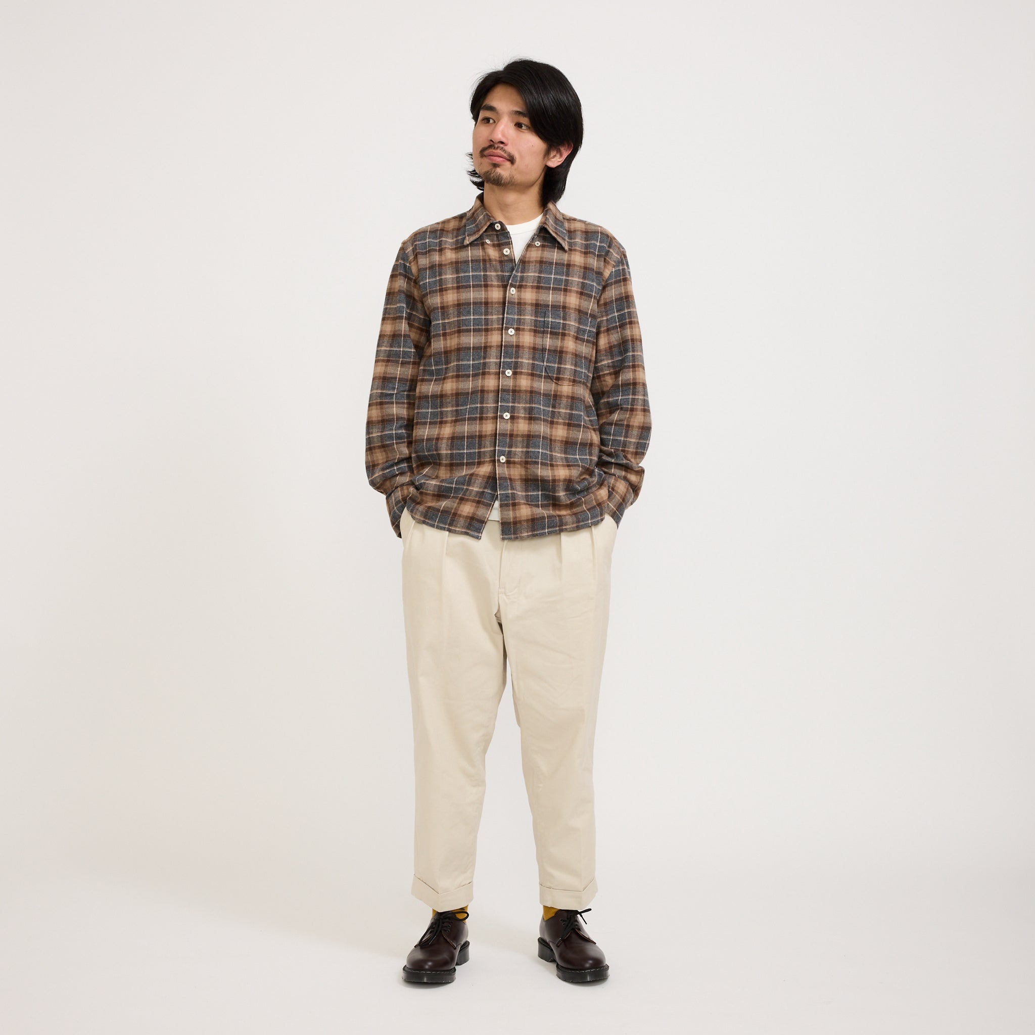 Universal Works | Lazy Day Shirt Brushed Twill Check Brown/Grey | Maplestore