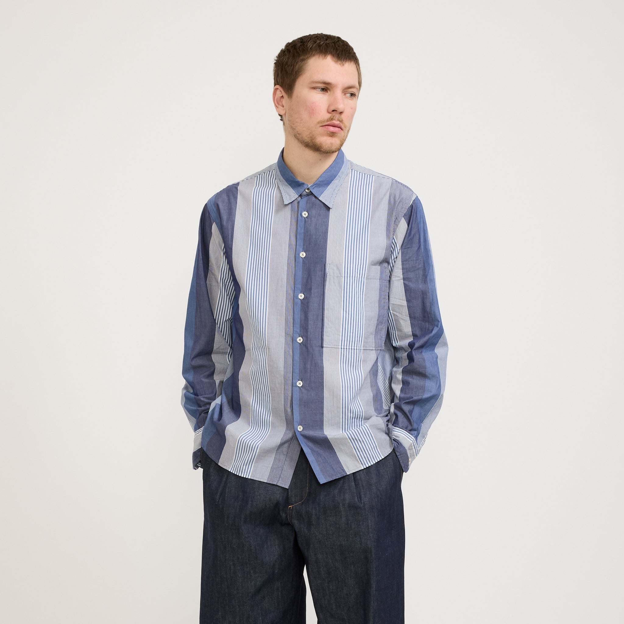 Universal Works | Square Pocket Shirt Blue Multi Stripe Cotton | Maplestore