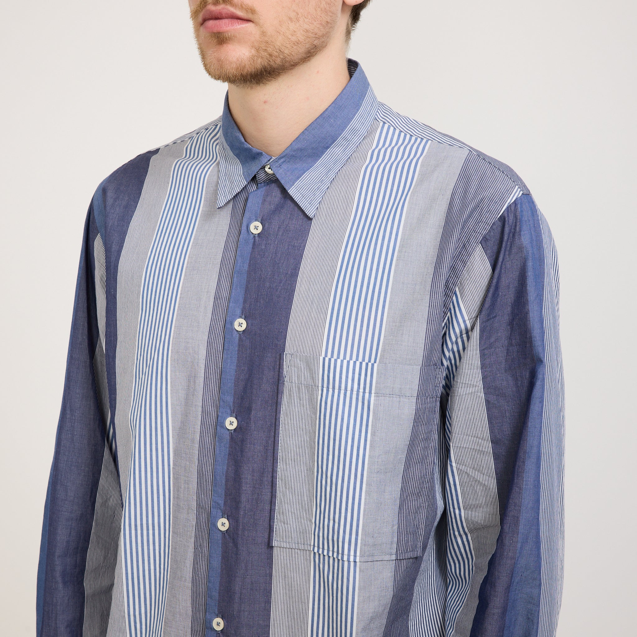 Universal Works | Square Pocket Shirt Blue Multi Stripe Cotton | Maplestore