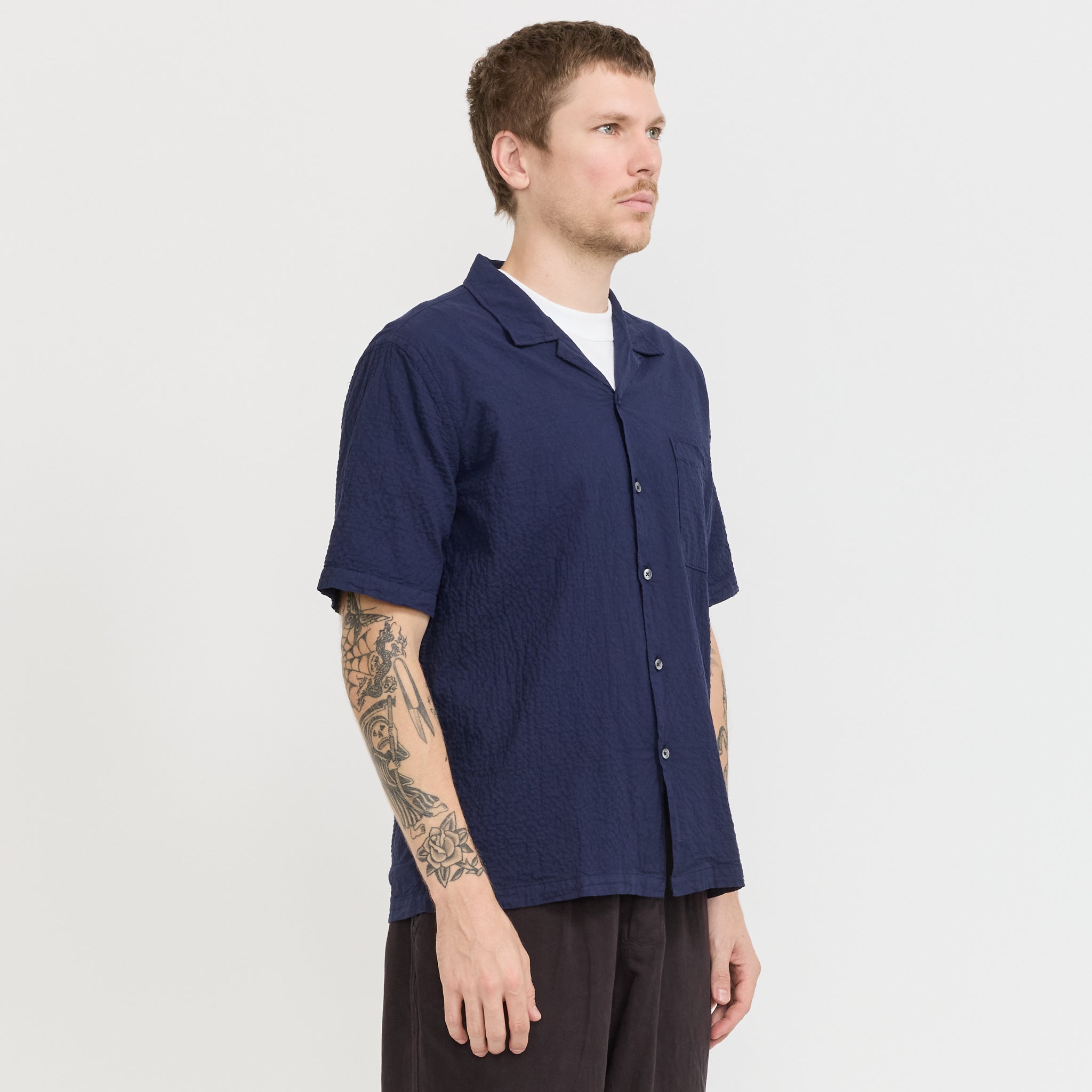 Universal Works | Road Shirt Navy Seersucker | Maplestore
