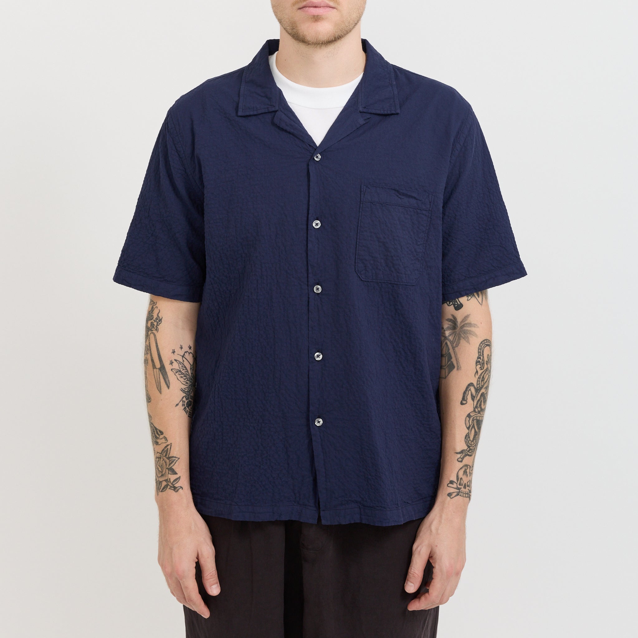 Universal Works | Road Shirt Navy Seersucker | Maplestore