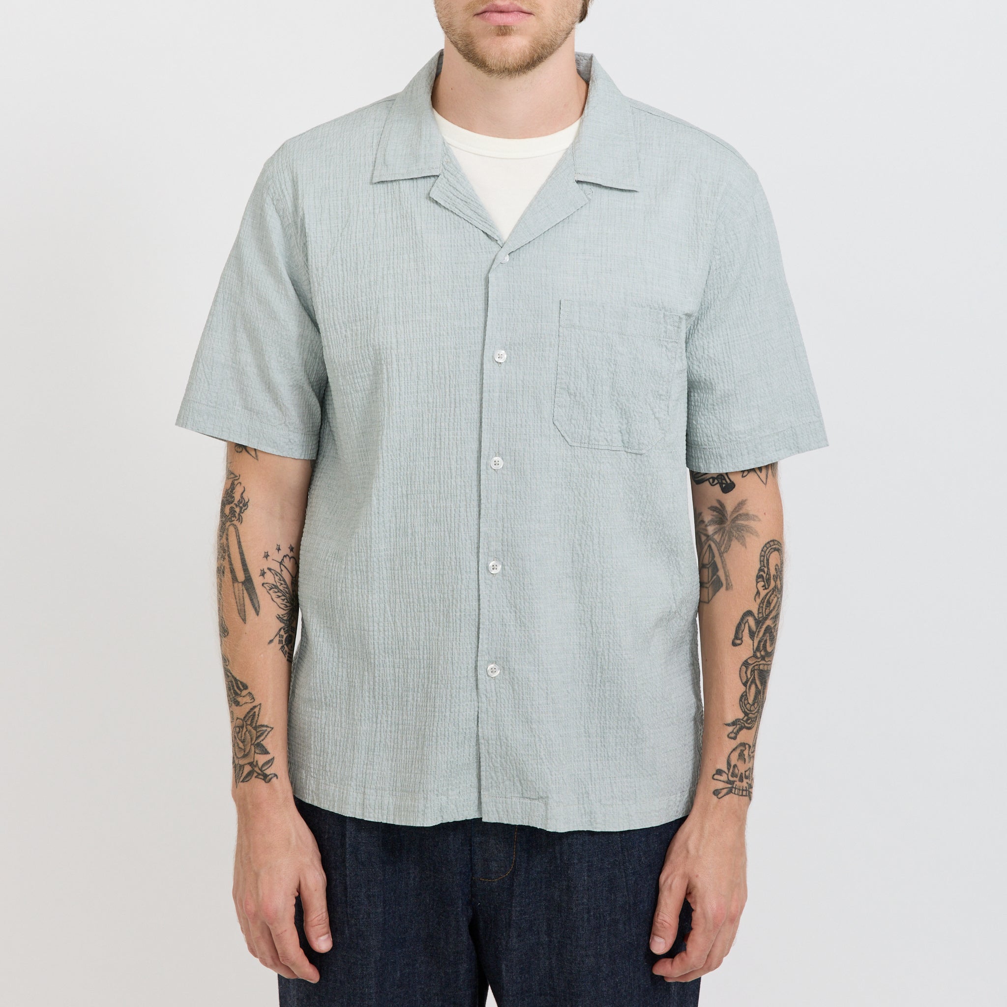 Universal Works | Road Shirt Seersucker Green | Maplestore