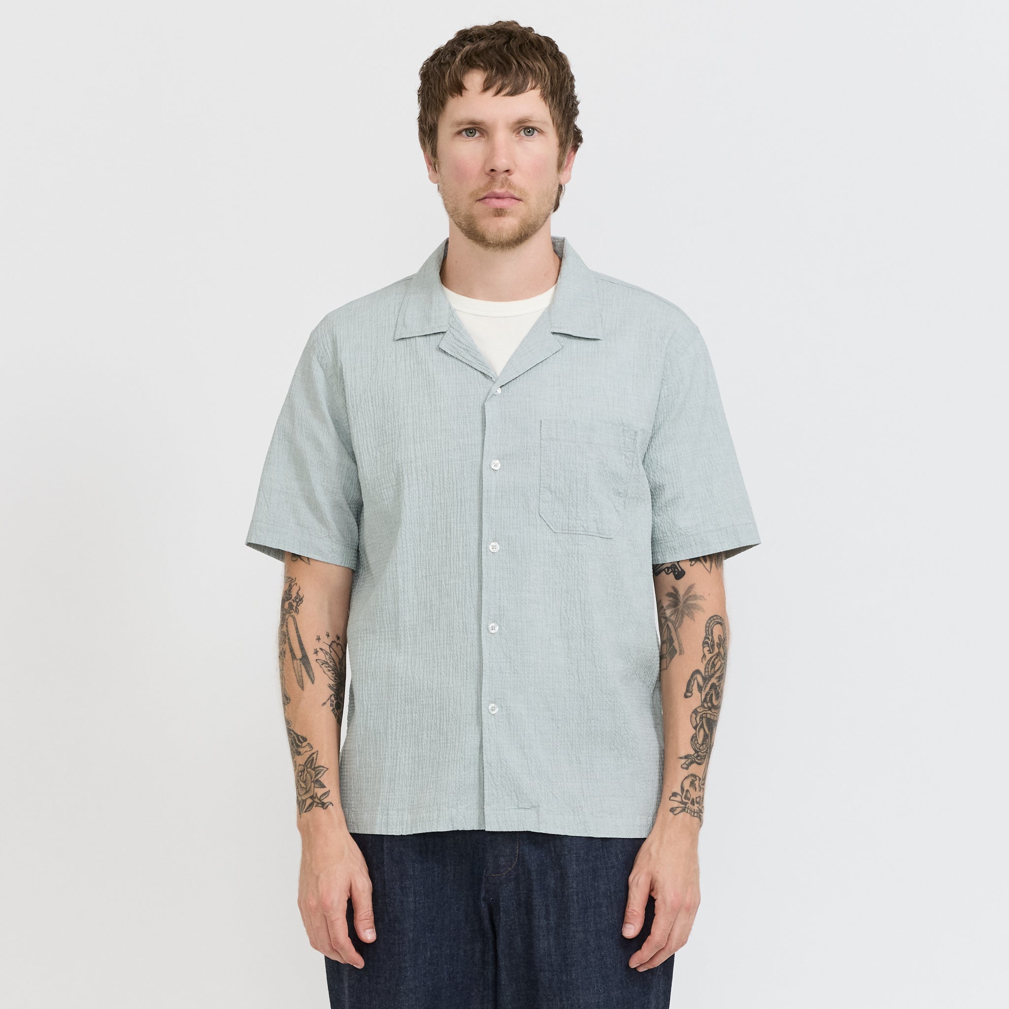 Universal Works | Road Shirt Seersucker Green | Maplestore