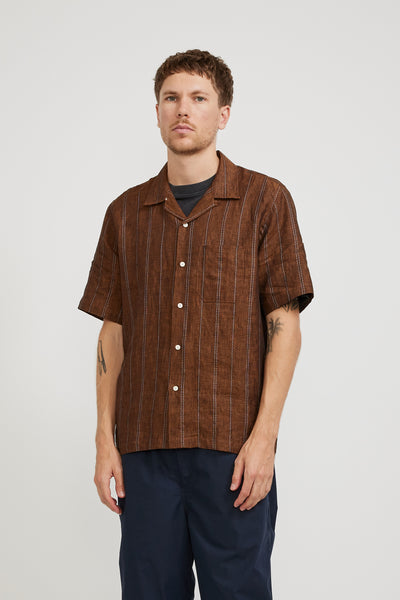 Universal Works | Road Shirt Brown Stripe Linen | Maplestore