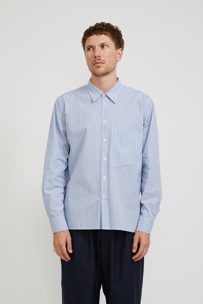 Universal Works | Square Pocket Shirt Blue/Navy Busy Stripe Cotton | Maplestore