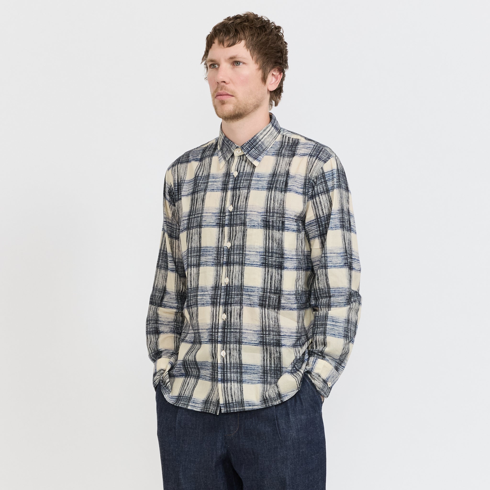 Universal Works | Square Pocket Shirt Window Panes Navy | Maplestore