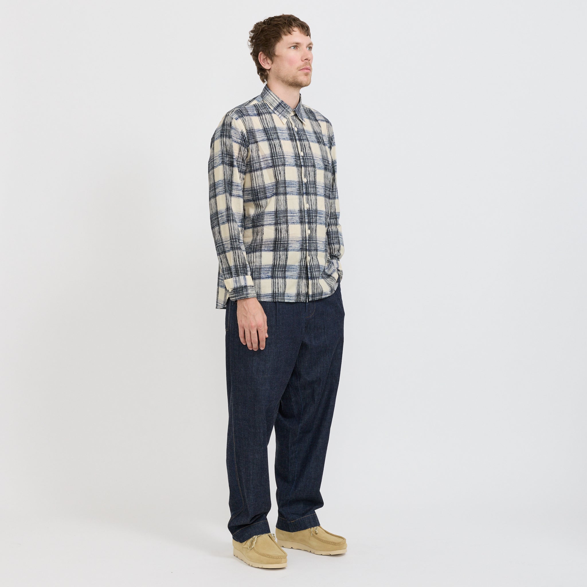 Universal Works | Square Pocket Shirt Window Panes Navy | Maplestore