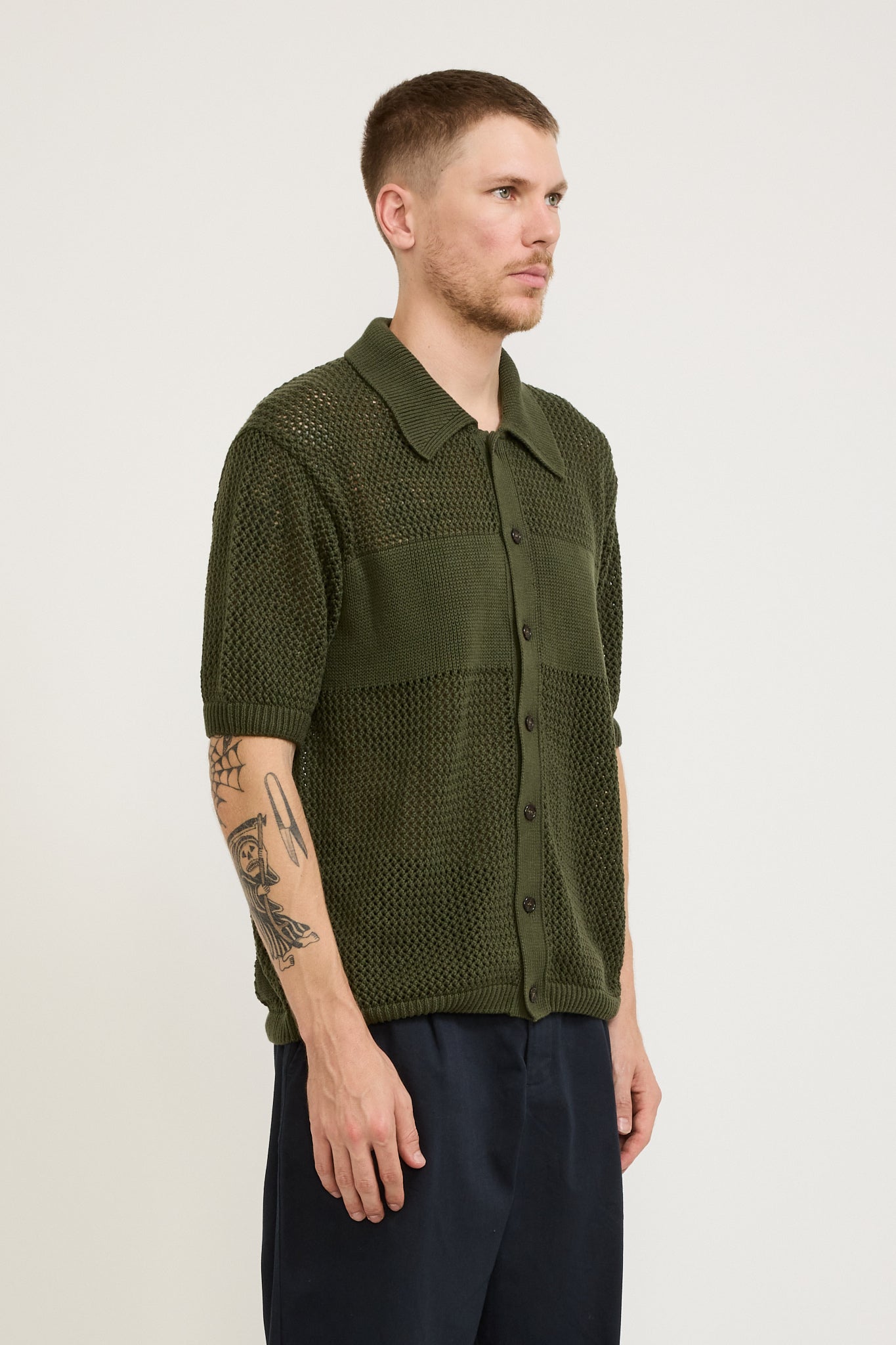 S/S Knit Shirt Open Knit Olive