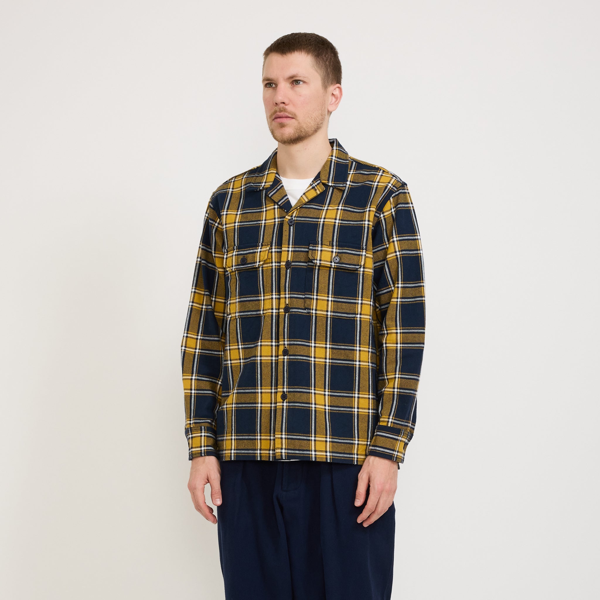 Universal Works | L/S Utility Shirt Twill Check Tartan Yellow/Navy | Maplestore