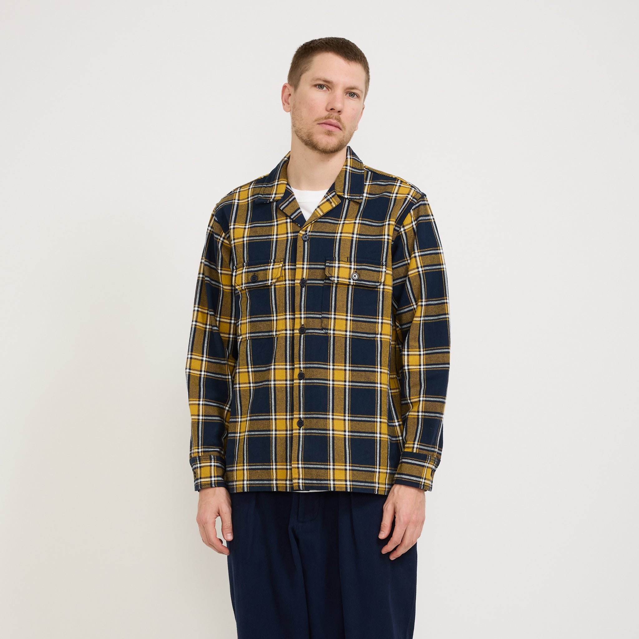 Universal Works | L/S Utility Shirt Twill Check Tartan Yellow/Navy | Maplestore