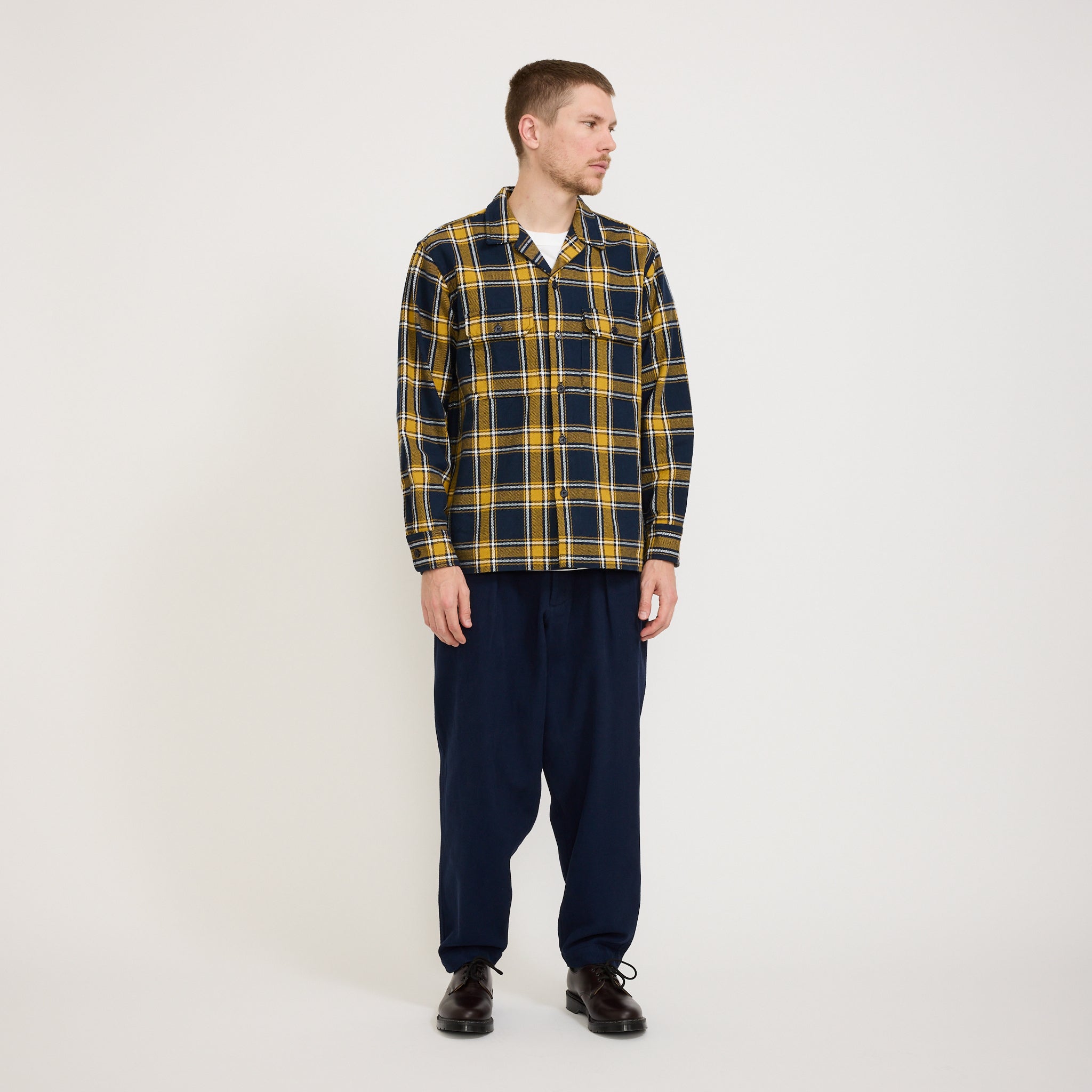 Universal Works | L/S Utility Shirt Twill Check Tartan Yellow/Navy | Maplestore
