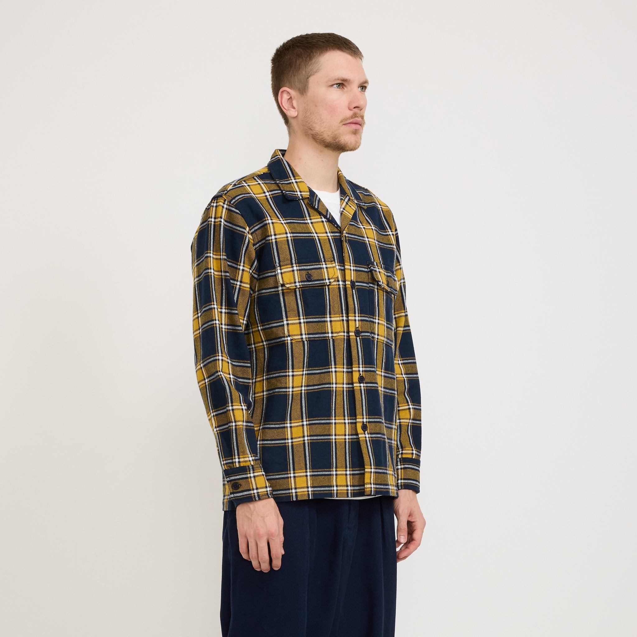 Universal Works | L/S Utility Shirt Twill Check Tartan Yellow/Navy | Maplestore