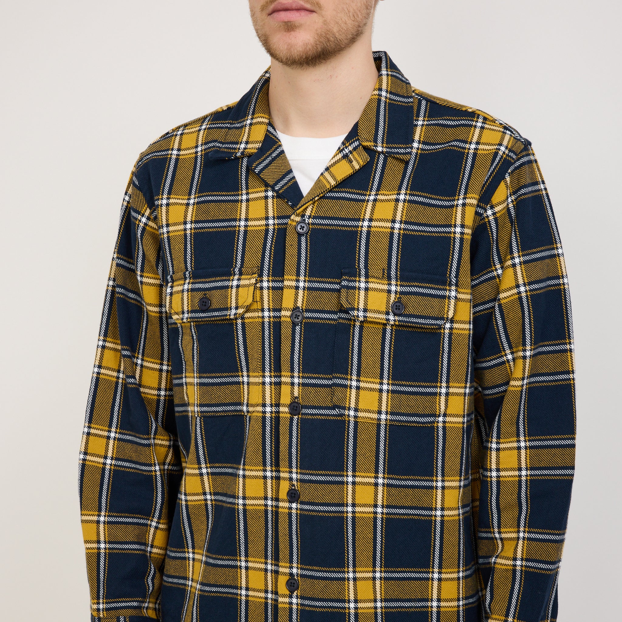 Universal Works | L/S Utility Shirt Twill Check Tartan Yellow/Navy | Maplestore
