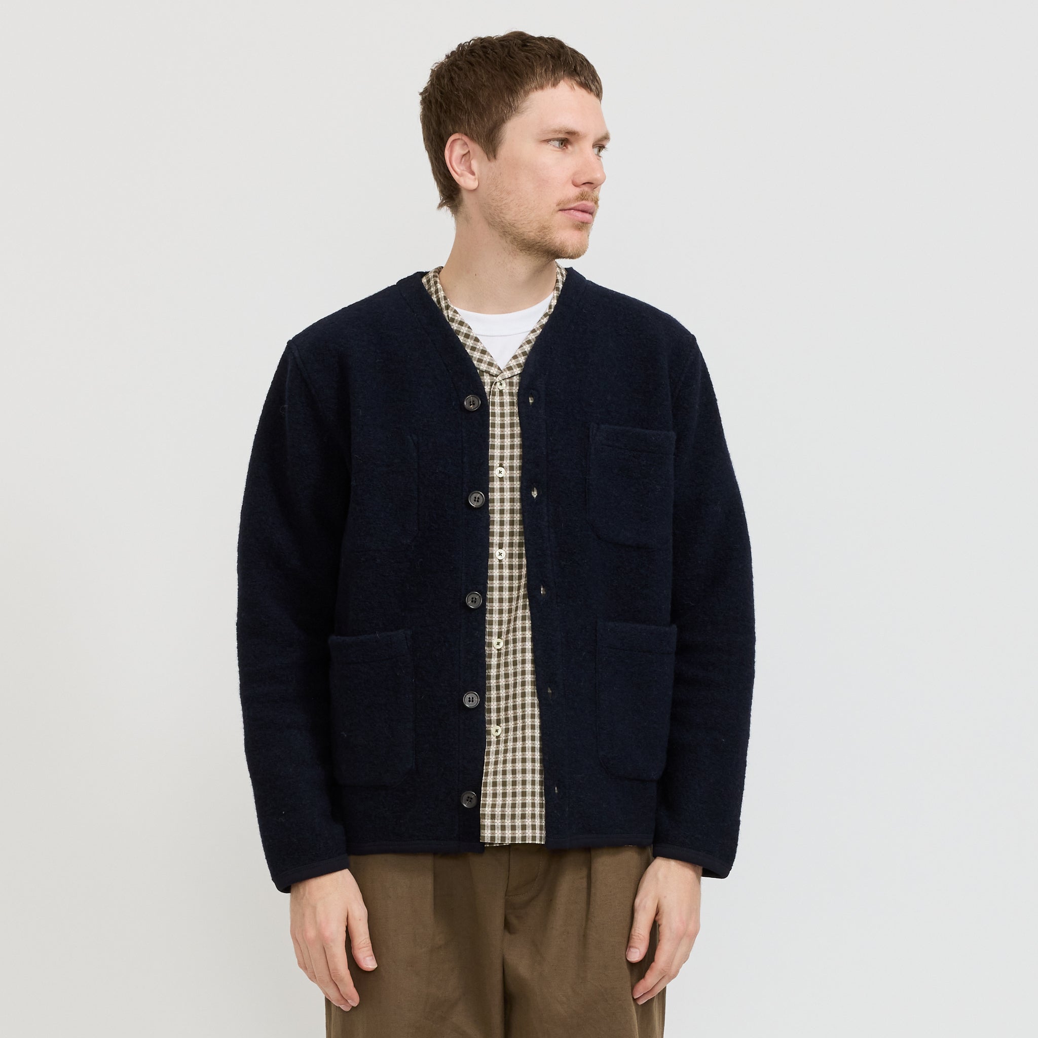Universal Works Wool Fleece Cardigan Navy | Maplestore
