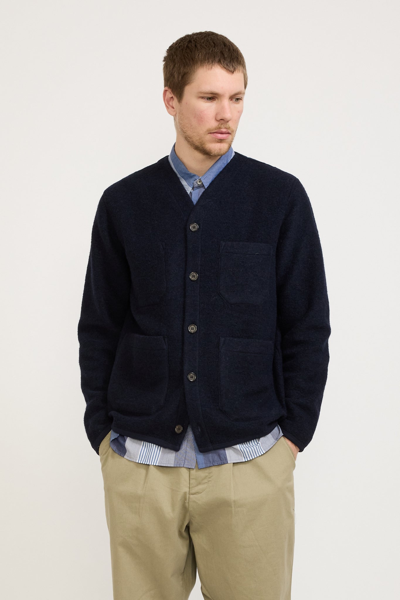 Universal Works | Wool Fleece Cardigan Navy | Maplestore