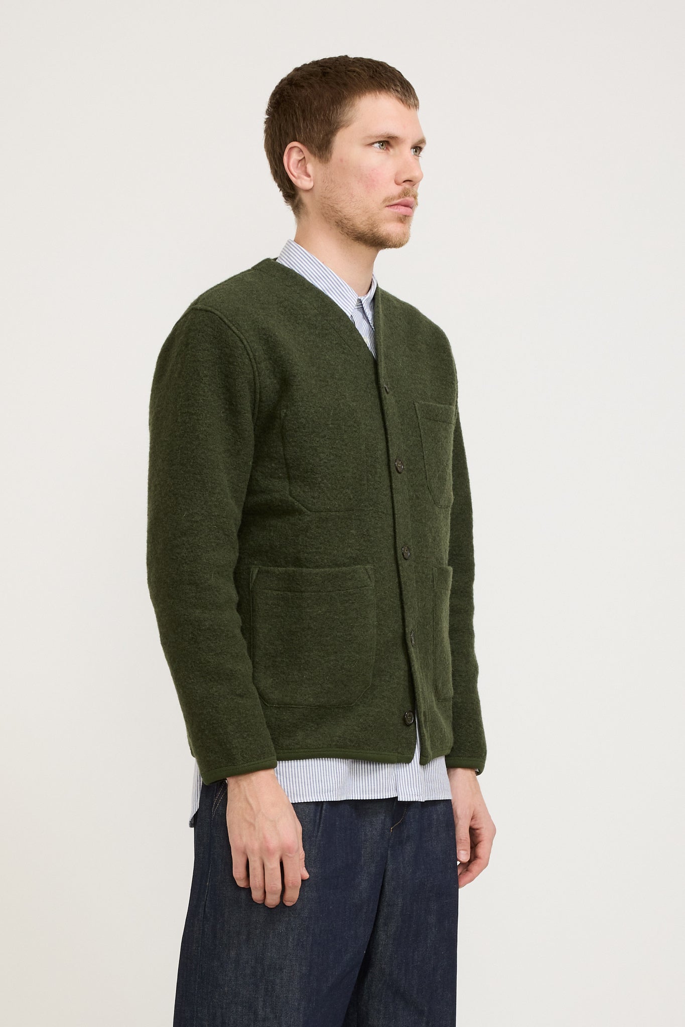 Universal Works | Wool Fleece Cardigan Olive | Maplestore