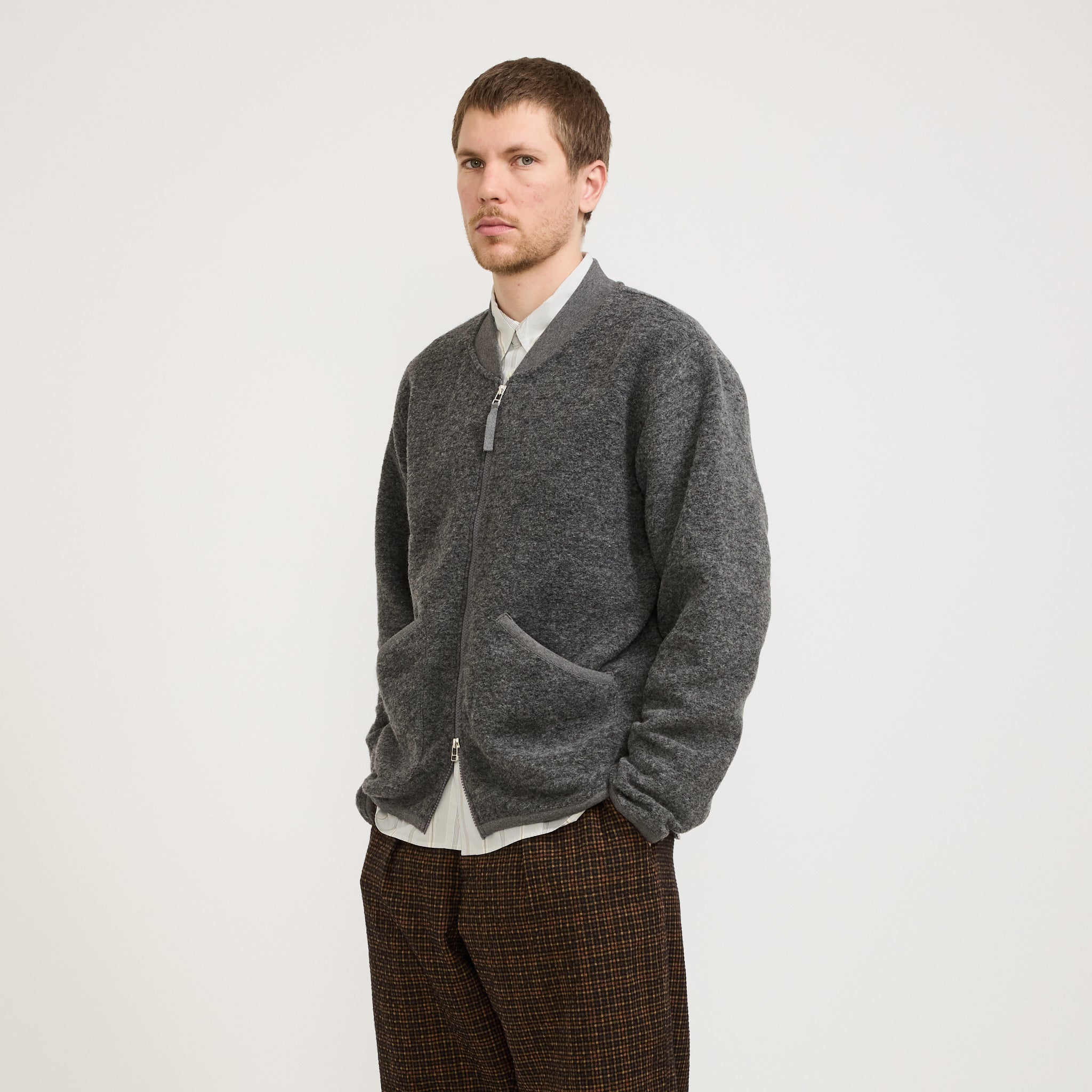 Wool Fleece Zip Bomber Grey Marle