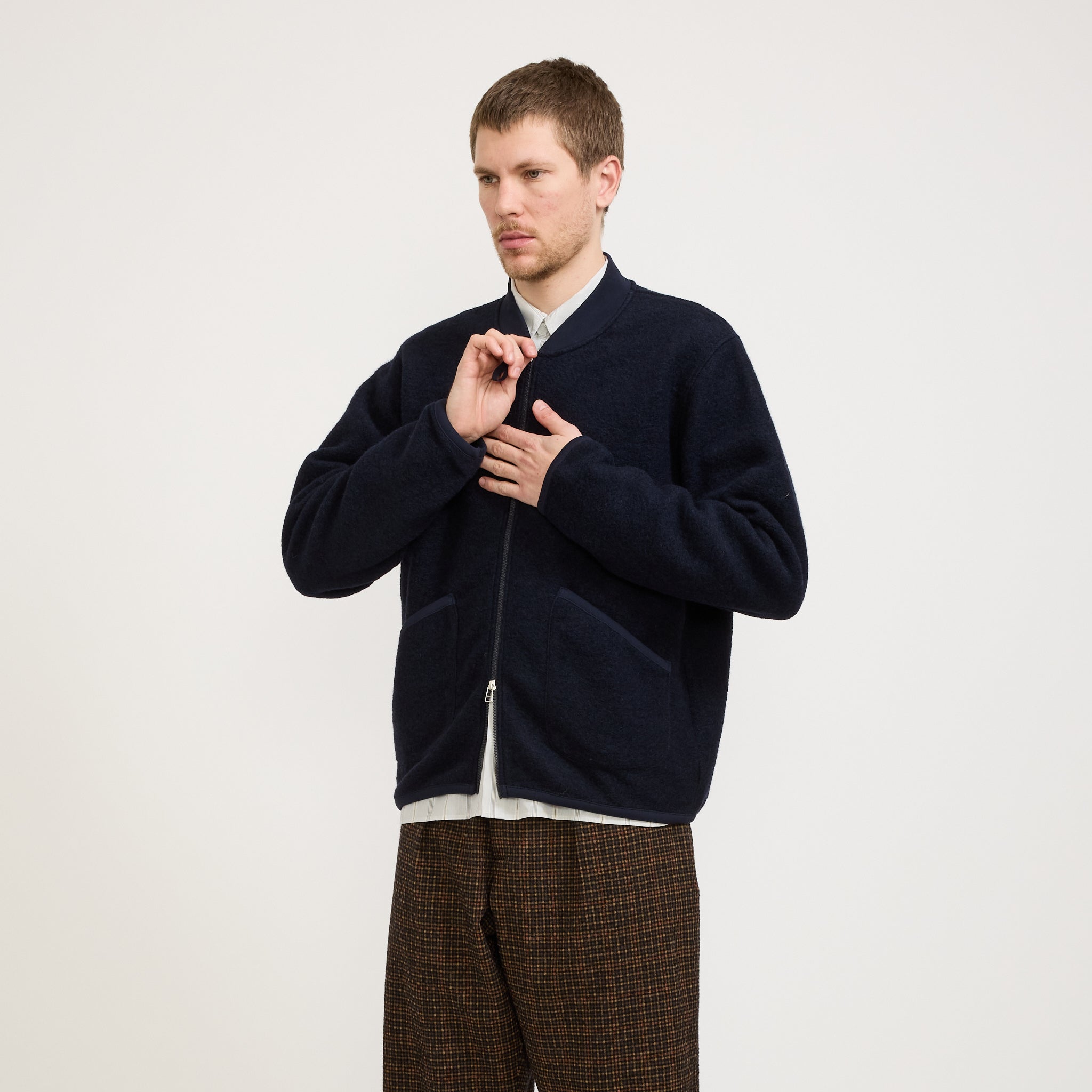 Wool Fleece Zip Bomber Navy
