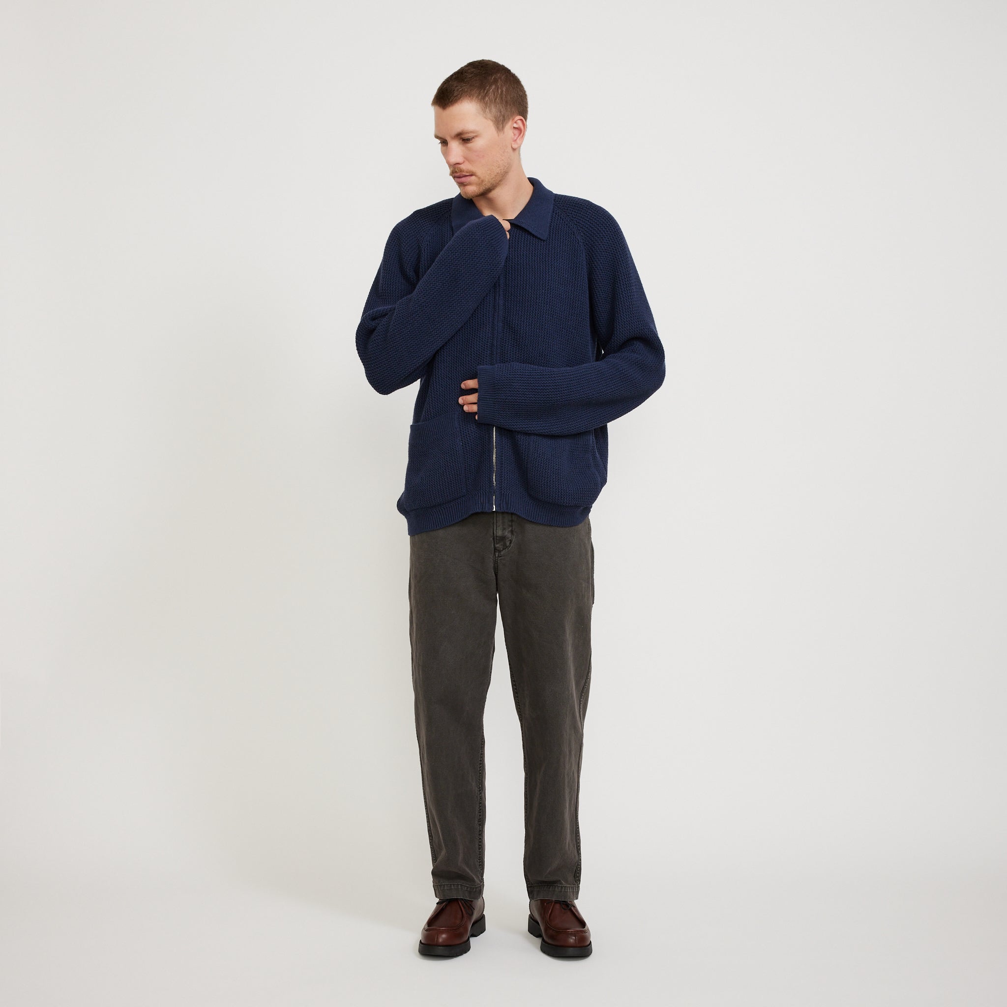 Zip Up Knit Eco Cotton Rack Stitch Indigo