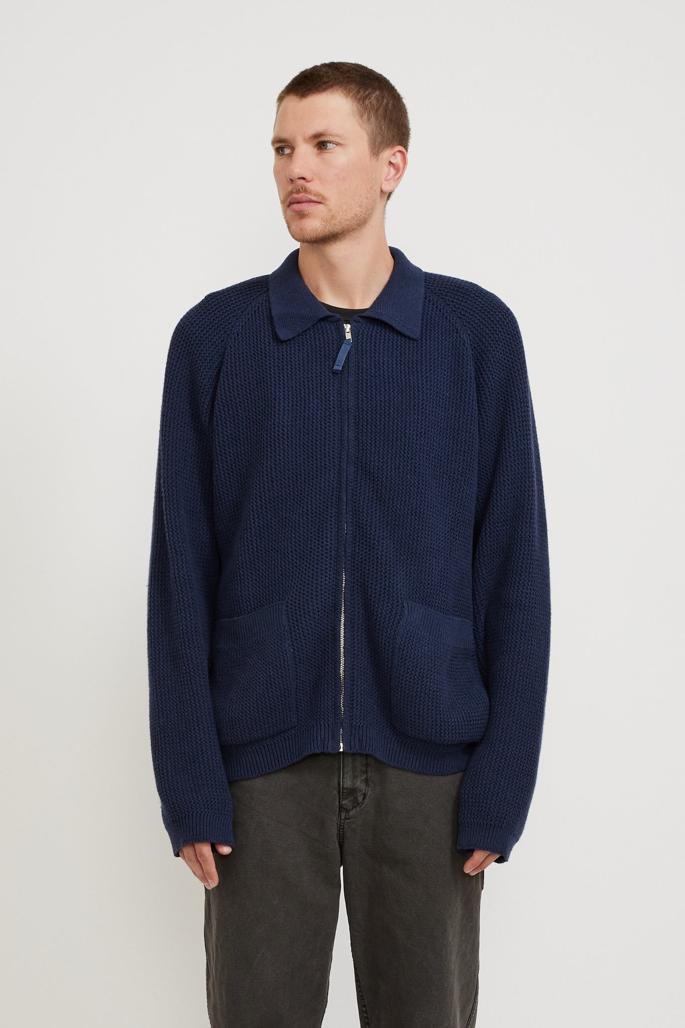 Universal Works Zip Up Knit Eco Cotton Rack Stitch Indigo | Maplestore
