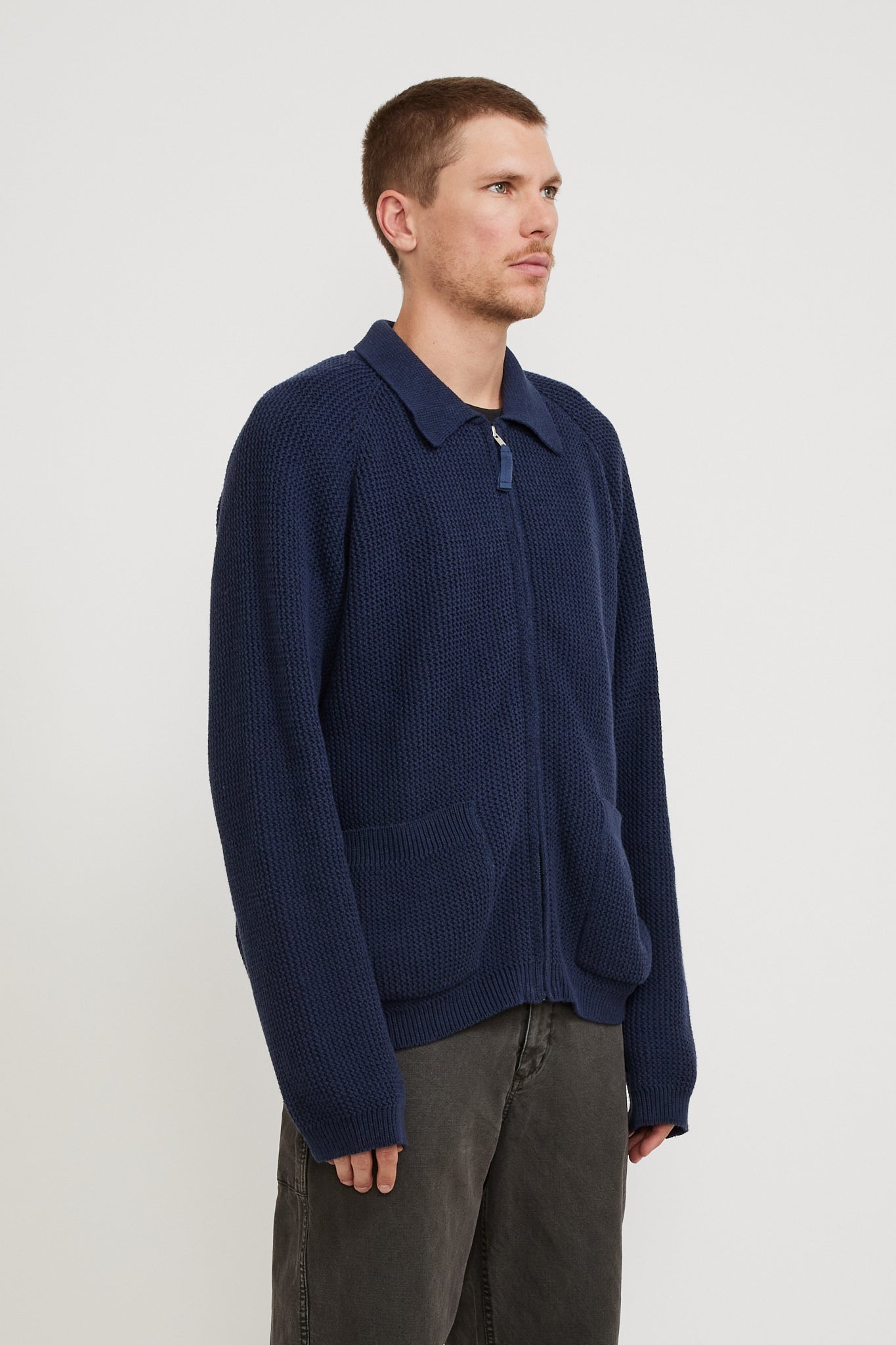 Universal Works | Zip Up Knit Eco Cotton Rack Stitch Indigo | Maplestore