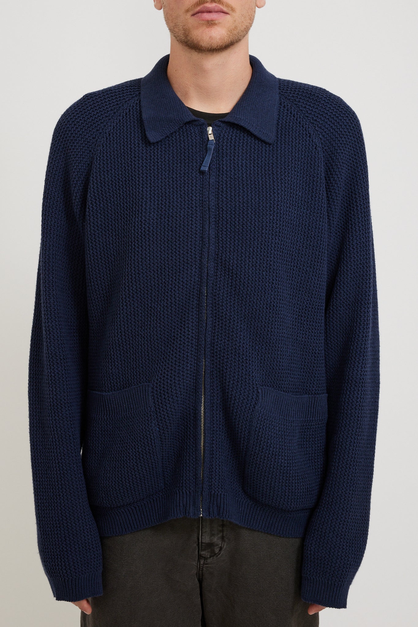Universal Works Zip Up Knit Eco Cotton Rack Stitch Indigo | Maplestore