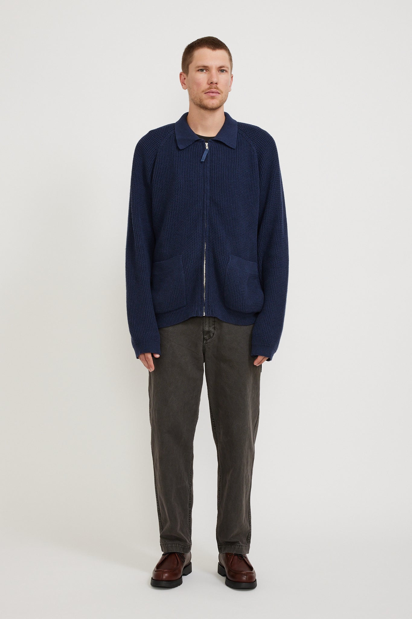 Universal Works | Zip Up Knit Eco Cotton Rack Stitch Indigo | Maplestore