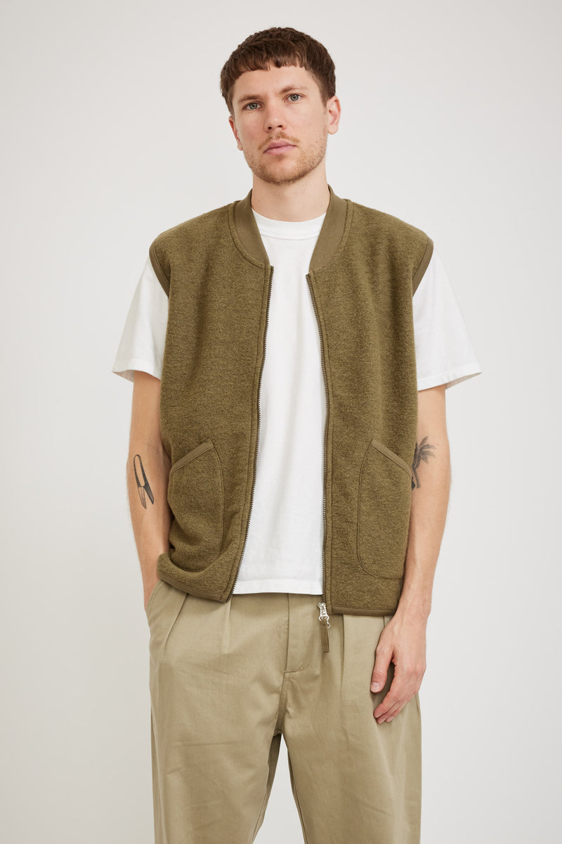 Universal Works Wool Fleece Zip Waistcoat Lovat Maplestore