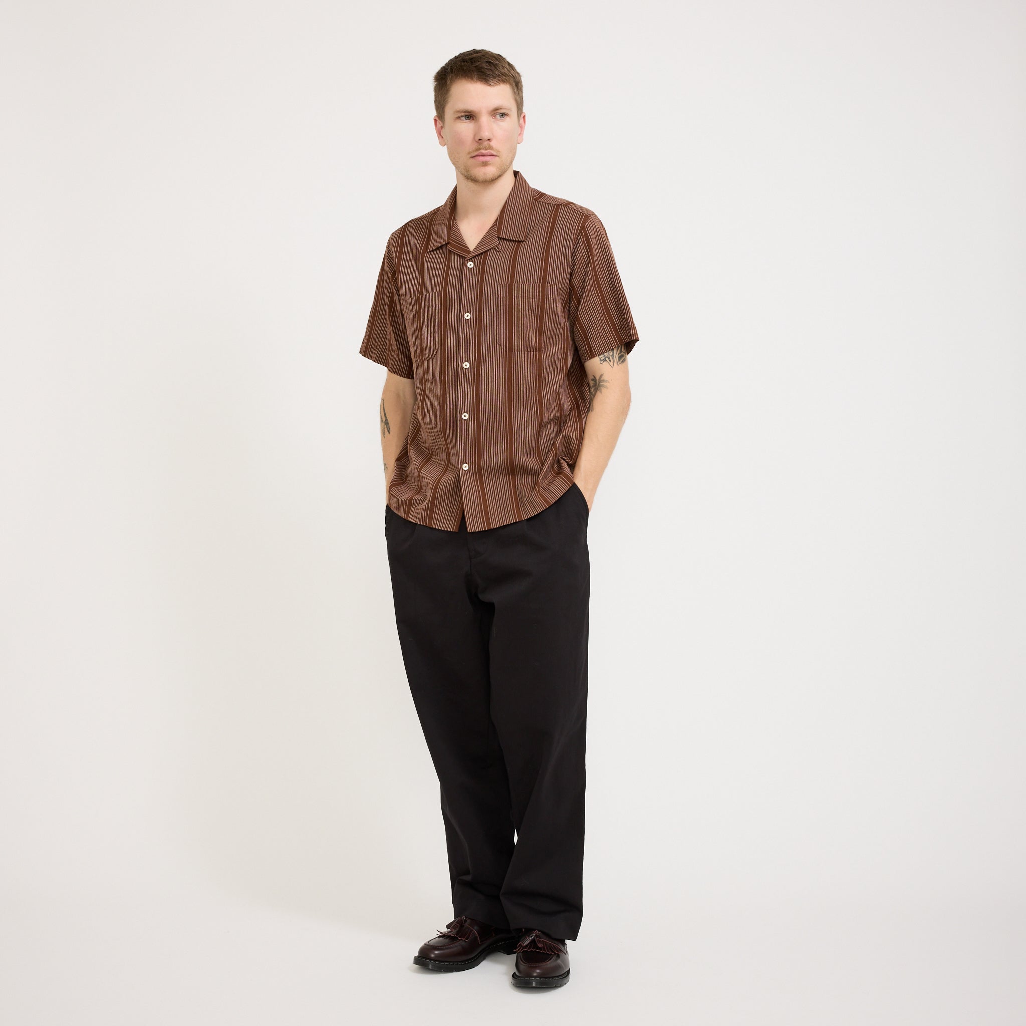 Universal Works | Sal Road Shirt Kantha Stripe Brown | Maplestore