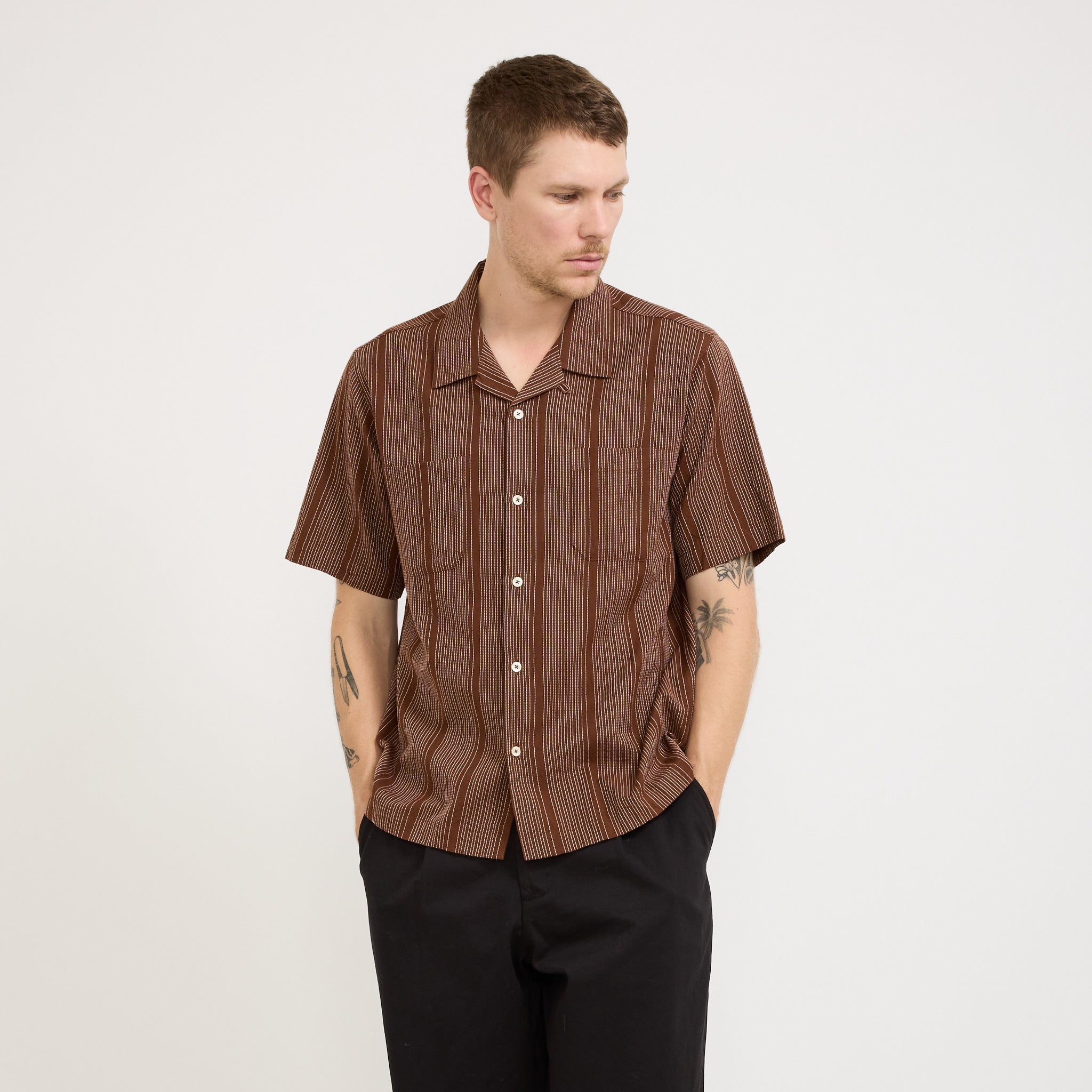 Universal Works | Sal Road Shirt Kantha Stripe Brown | Maplestore