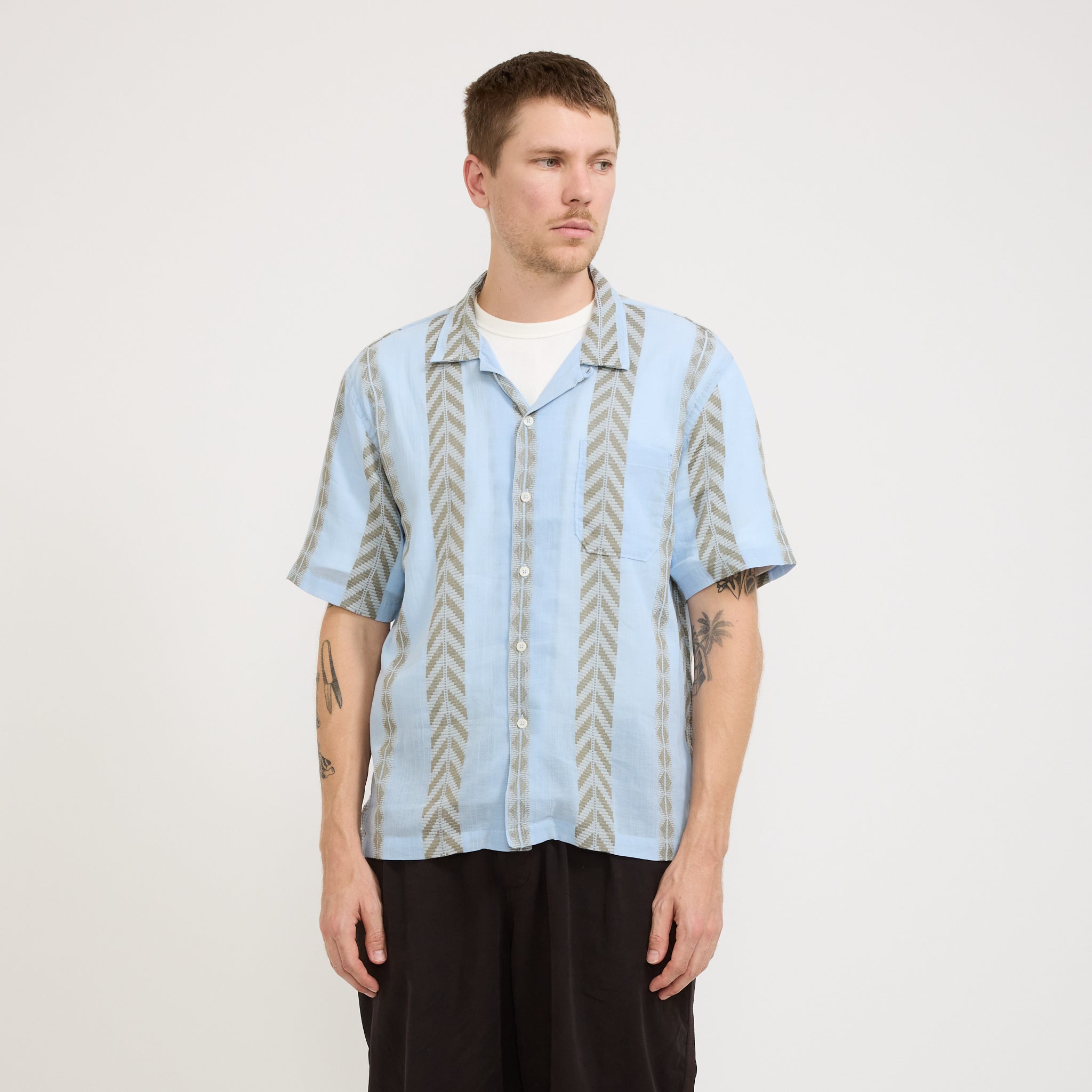 Universal Works | Road Shirt Hendrix Beach Stripe Pale Blue | Maplestore