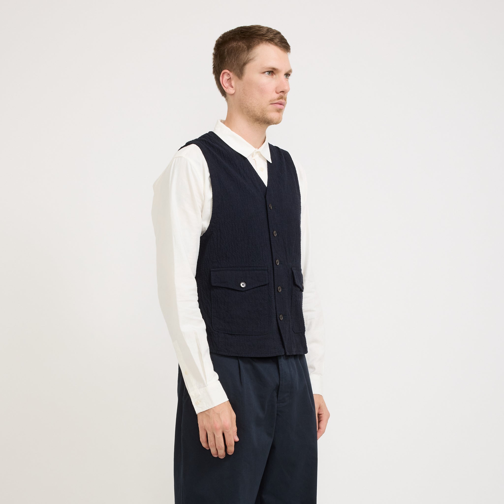 Universal Works | Field Waistcoat Ospina Cotton Dark Navy | Maplestore