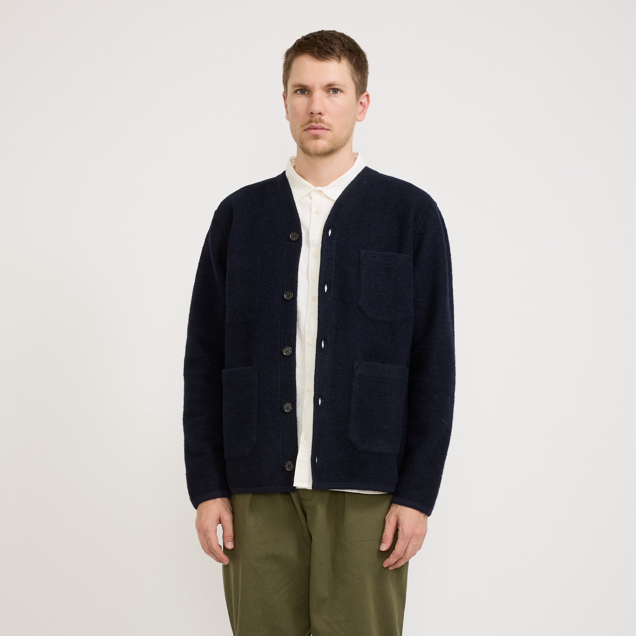 navy work cardigan
