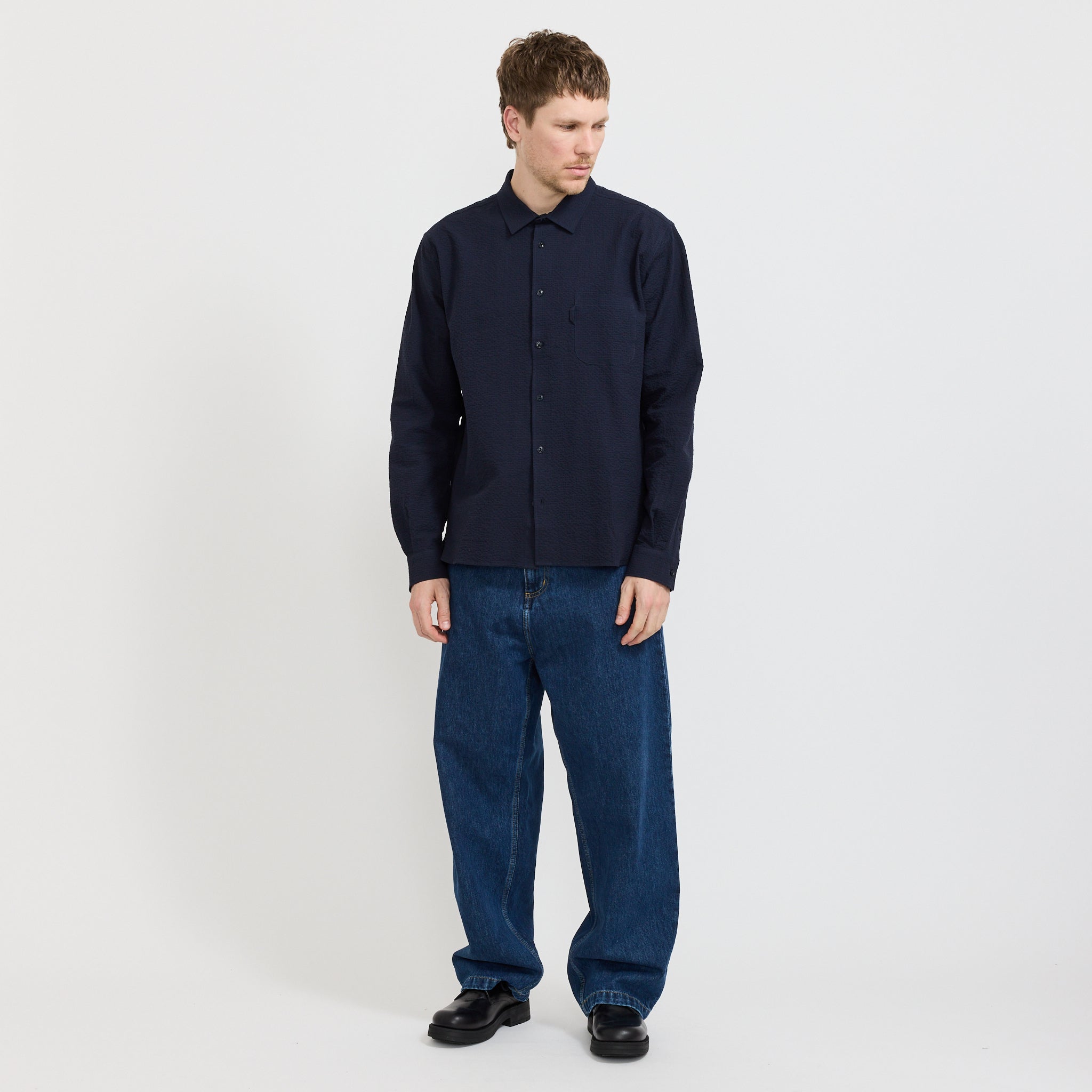 YMC | Curtis Shirt Navy Seersucker | Maplestore