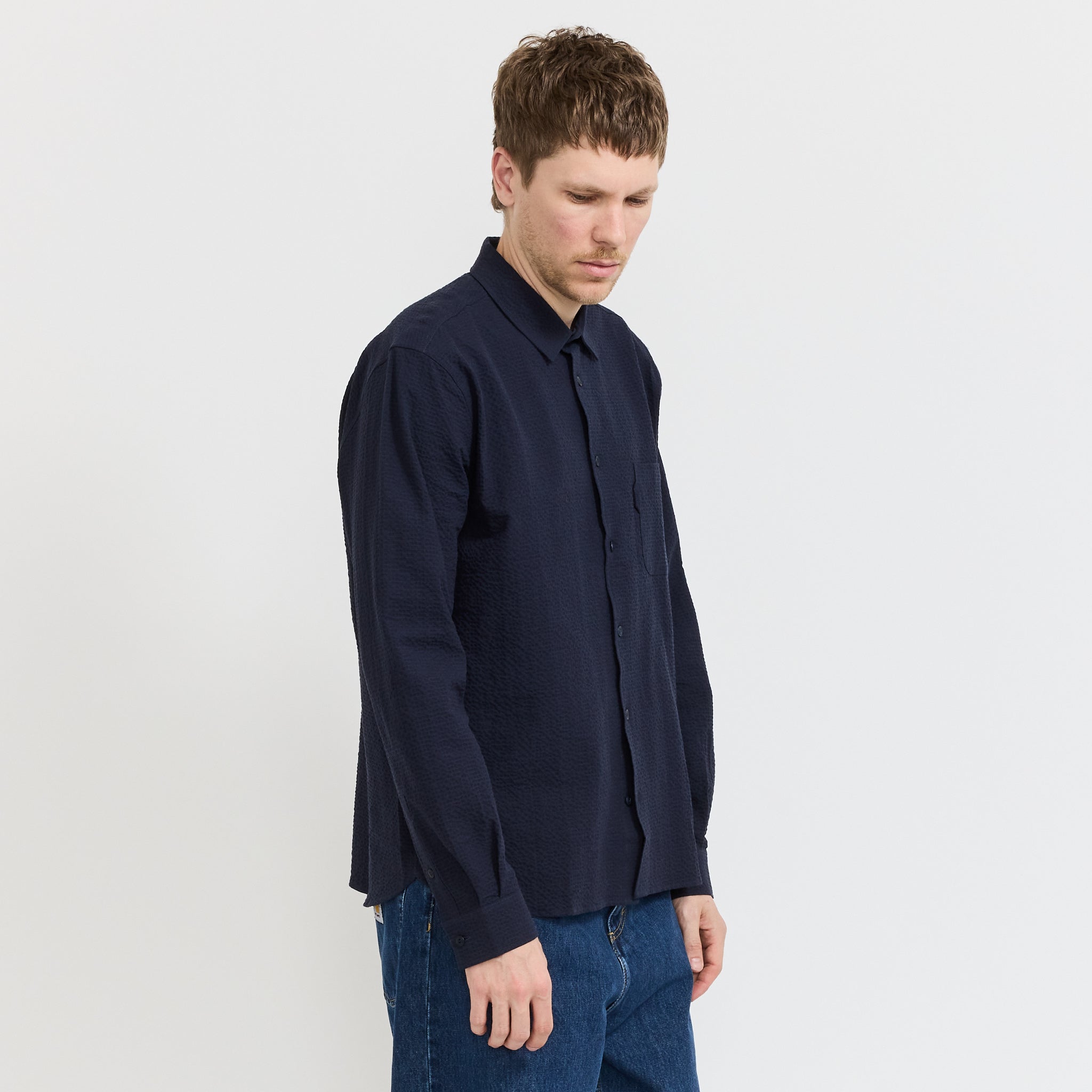 YMC | Curtis Shirt Navy Seersucker | Maplestore