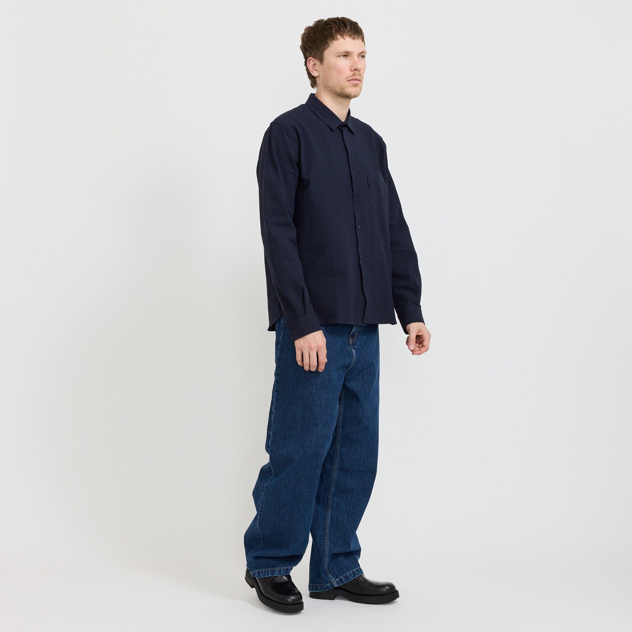 YMC | Curtis Shirt Navy Seersucker | Maplestore