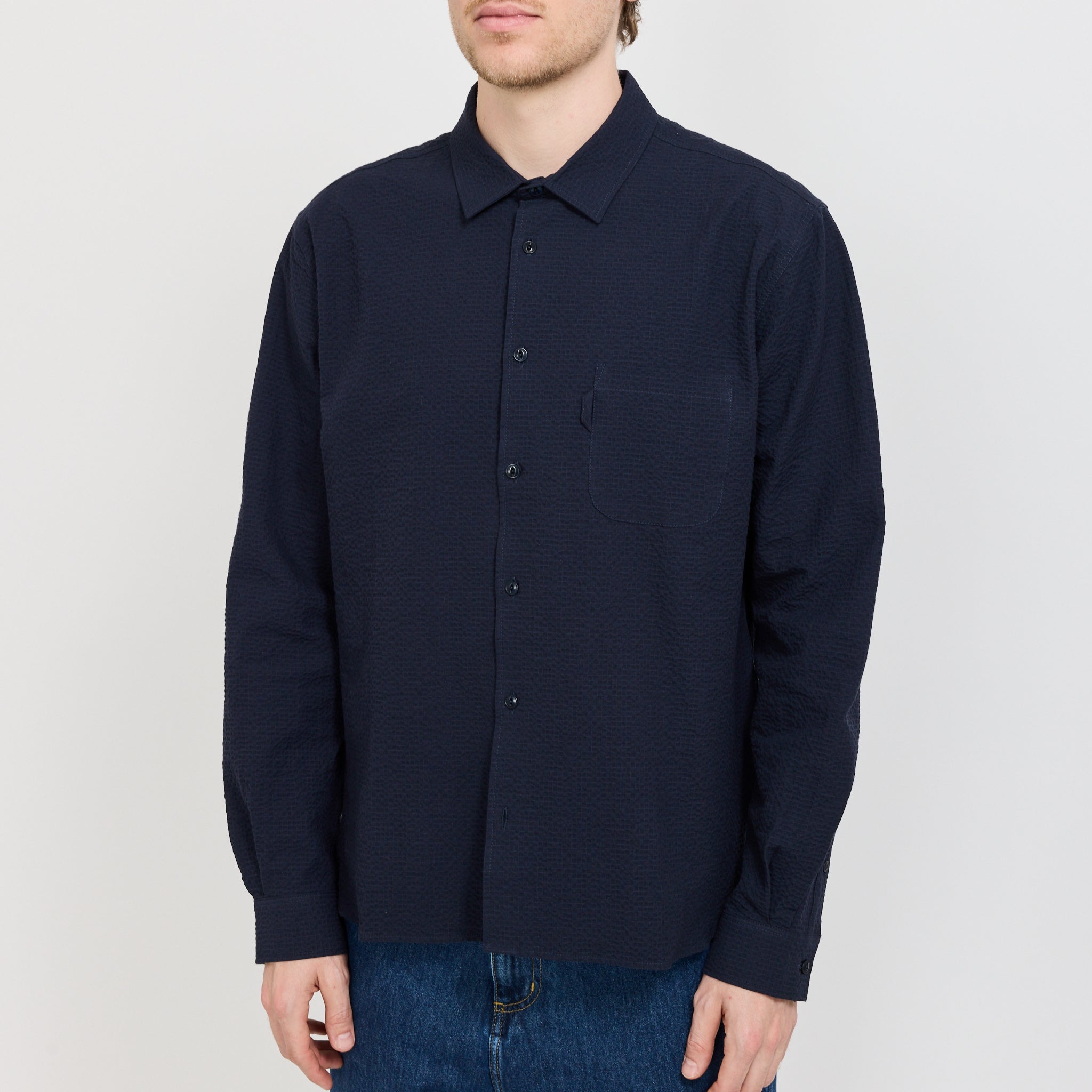 YMC | Curtis Shirt Navy Seersucker | Maplestore