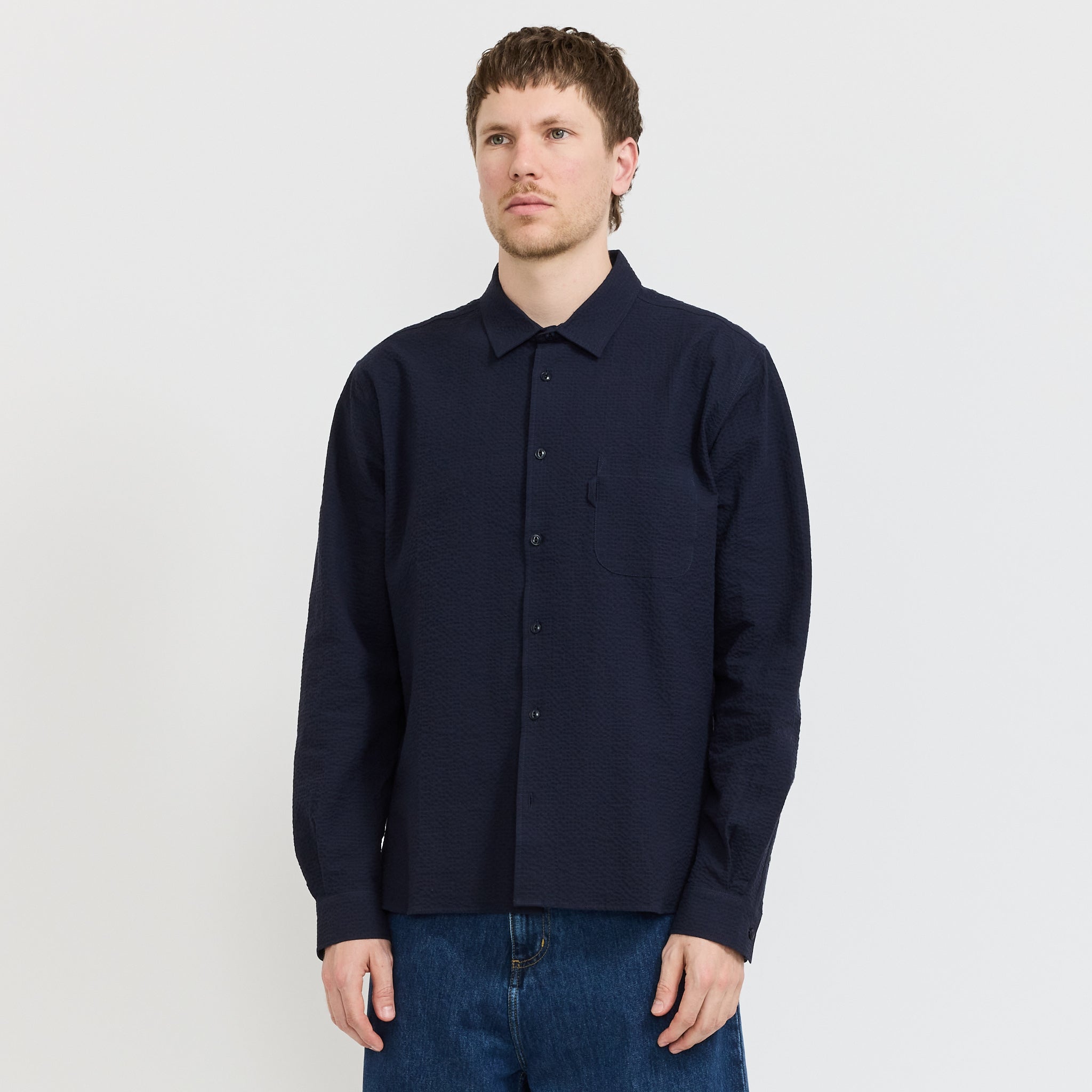 YMC | Curtis Shirt Navy Seersucker | Maplestore