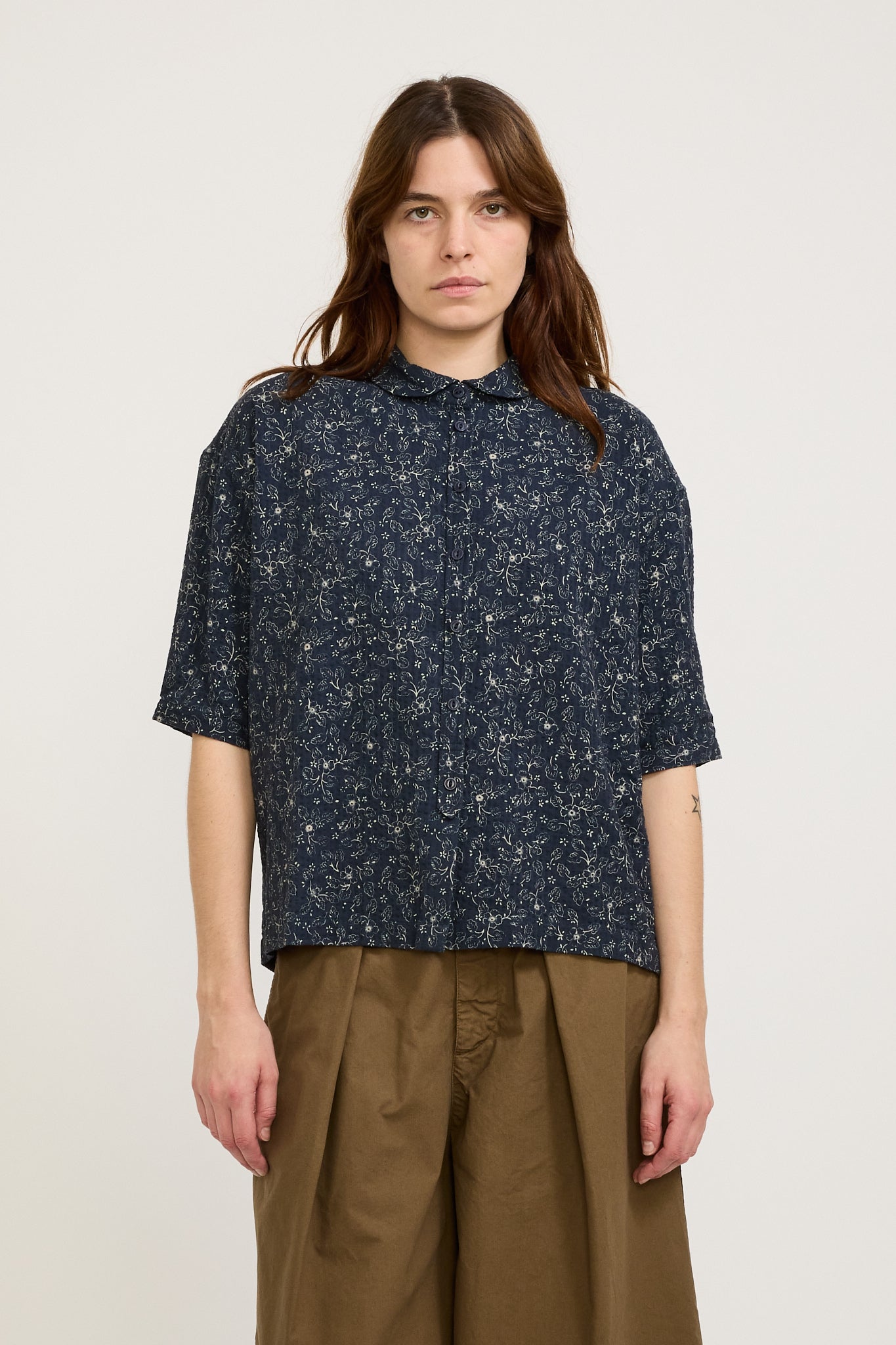 YMC | Marianne Short Sleeve Shirt Navy/Ecru | Maplestore