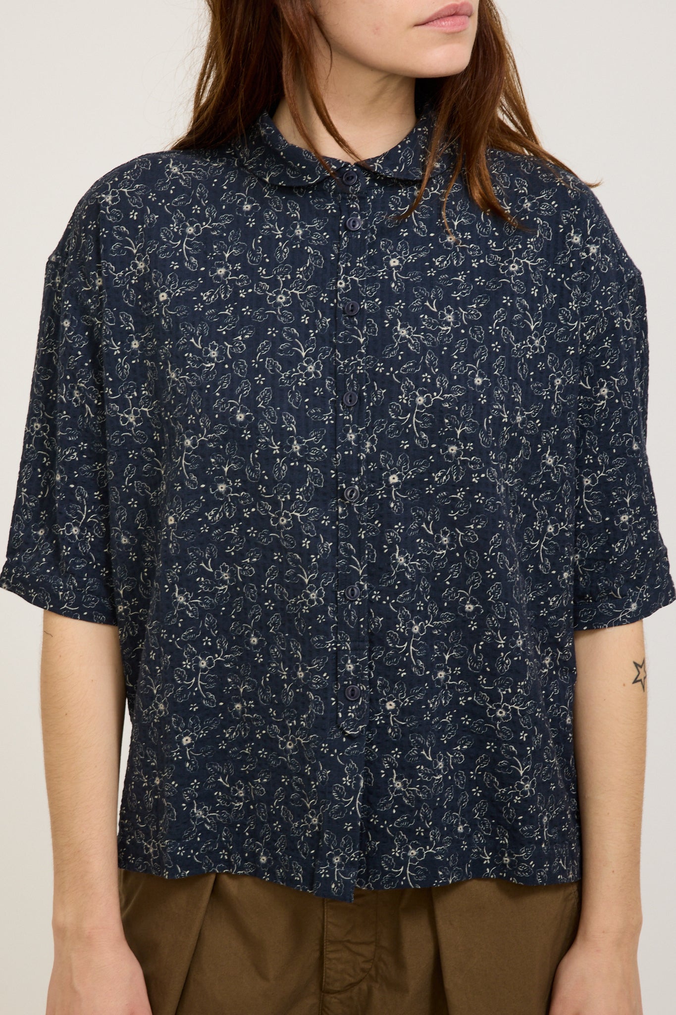 YMC | Marianne Short Sleeve Shirt Navy/Ecru | Maplestore